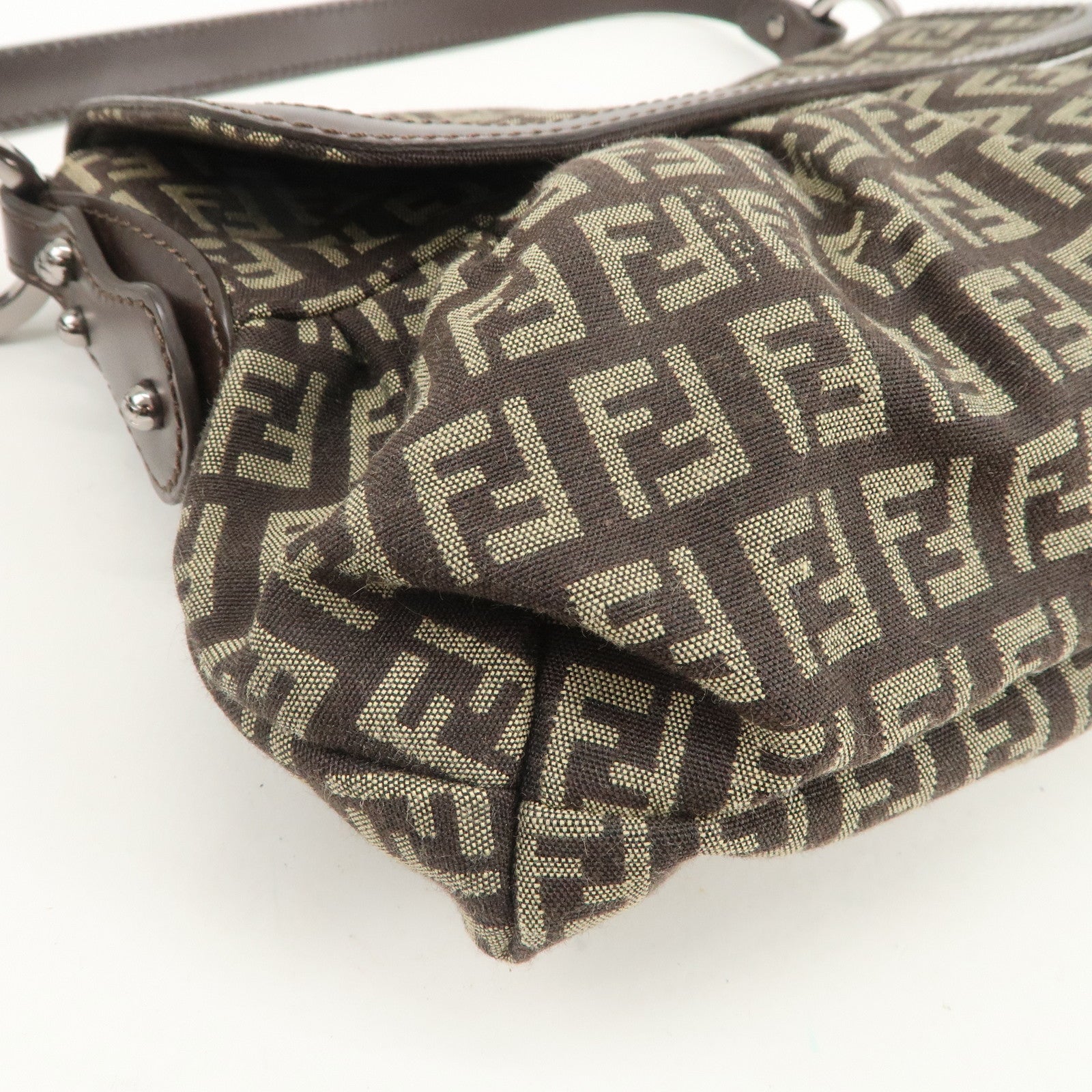 FENDI Zucchino Shoulder Bag Hand Bag Brown Silver 8BR353