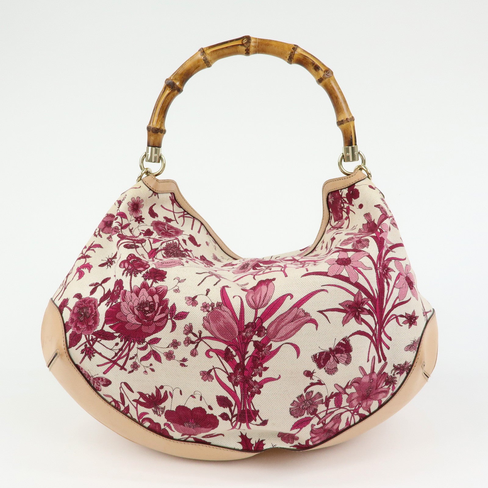 GUCCI Bamboo Flora Canvas Leather 2Way Shoulder Bag Pink 169976