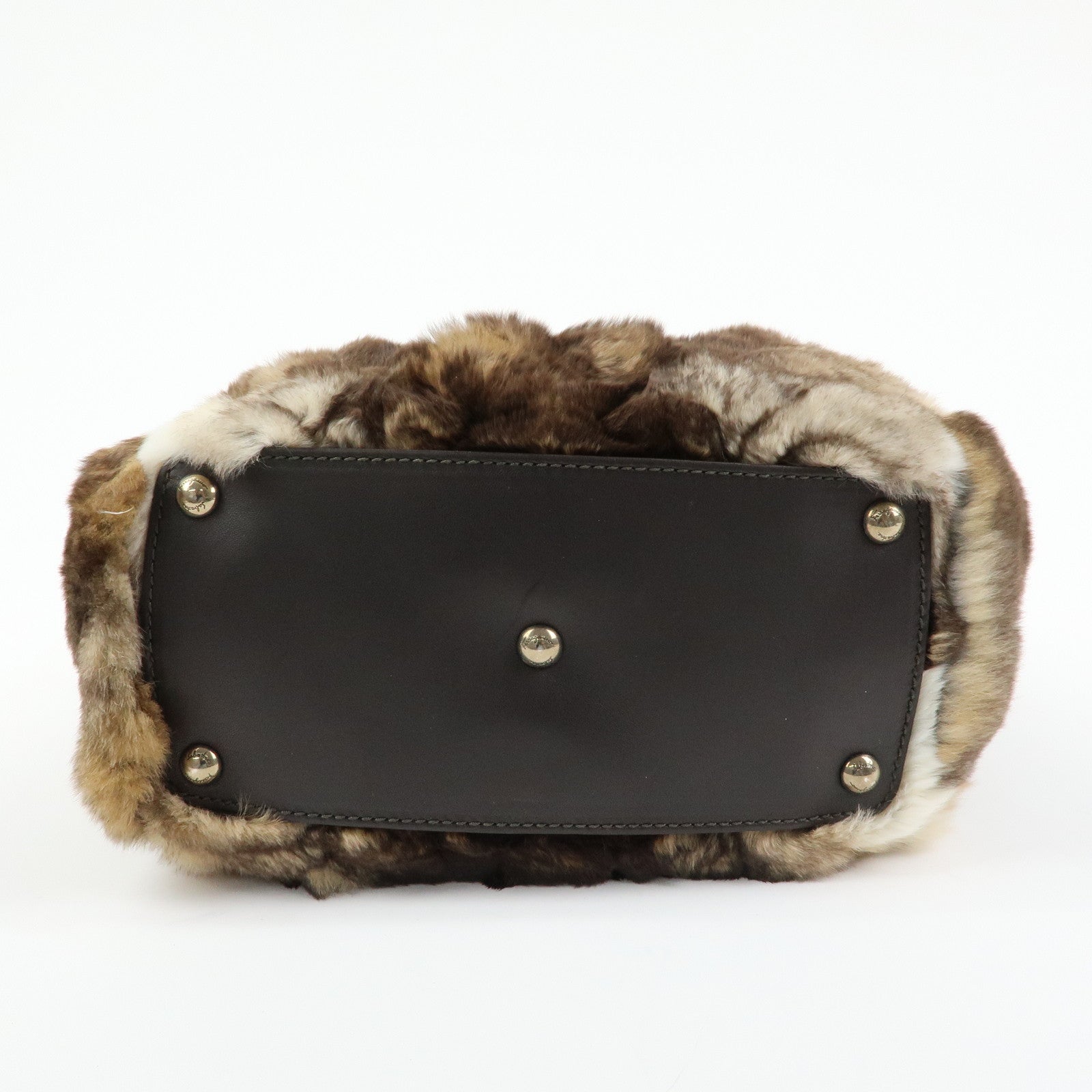 Ferragamo Gancini Rabbit Fur Leather Hand Bag Tote Bag Brown