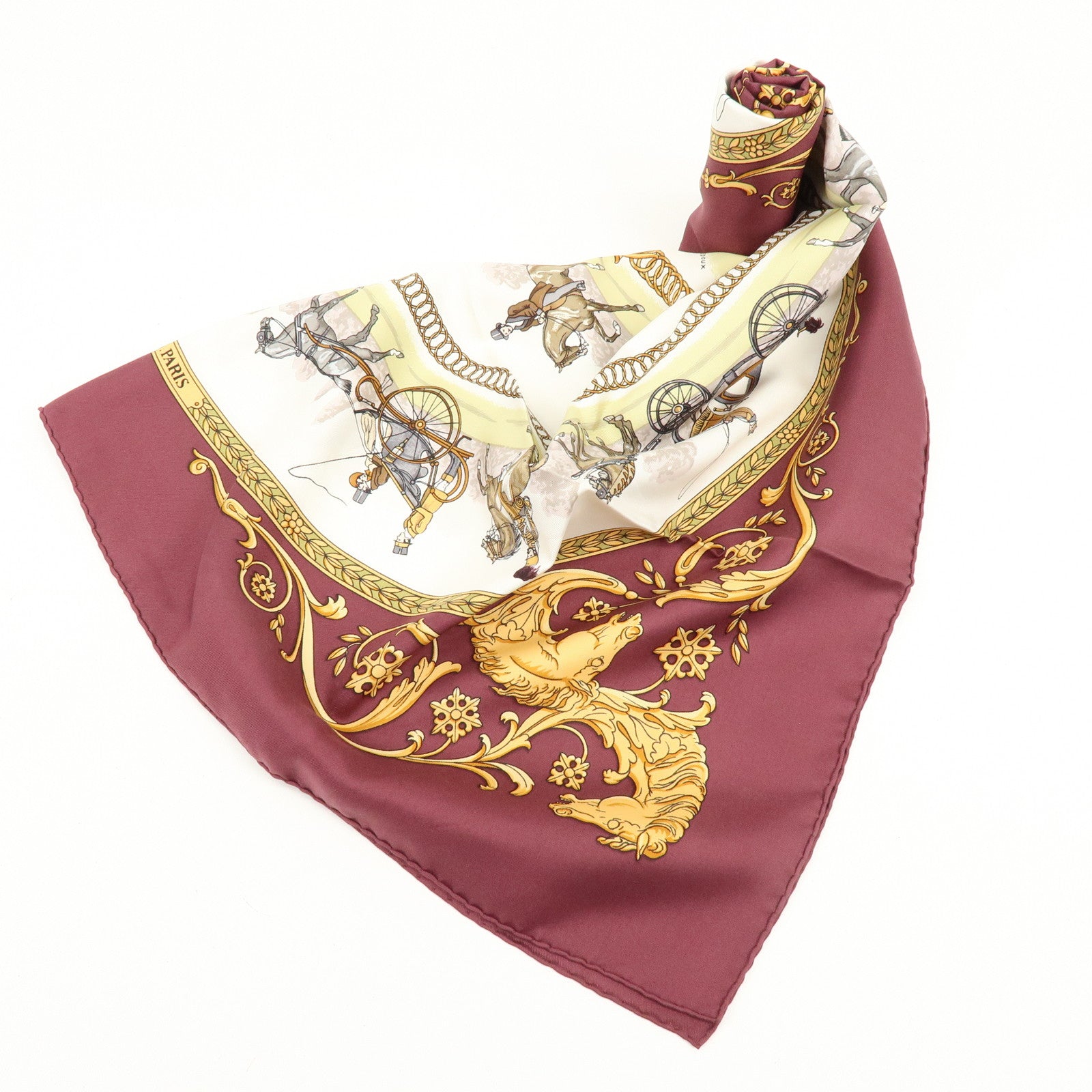 HERMES Carre 90 Silk 100% LA PROMENADE DE LONGCHAMPS Scarf Wine Red