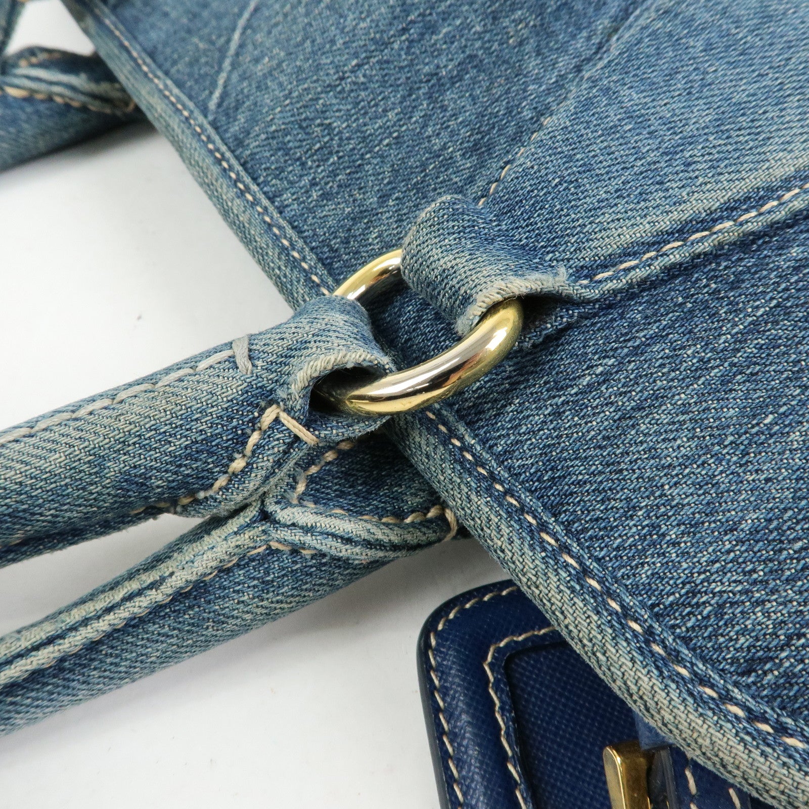 PRADA Triangle Logo Denim Tote Bag Hand Bag Blue BN2254