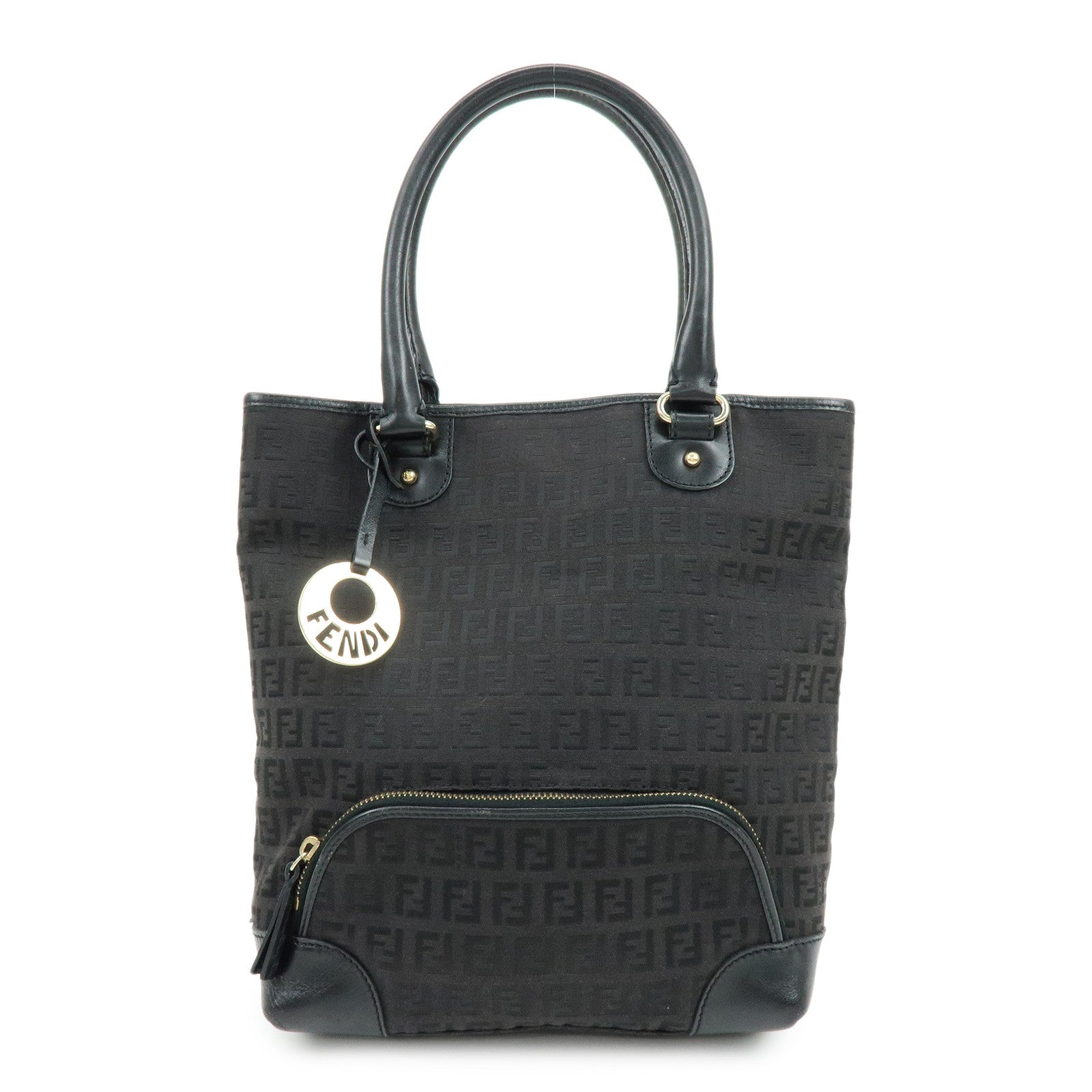 Fendi Zucchino Canvas Leather Hand Bag Tote Bag Black Brown 8BH139