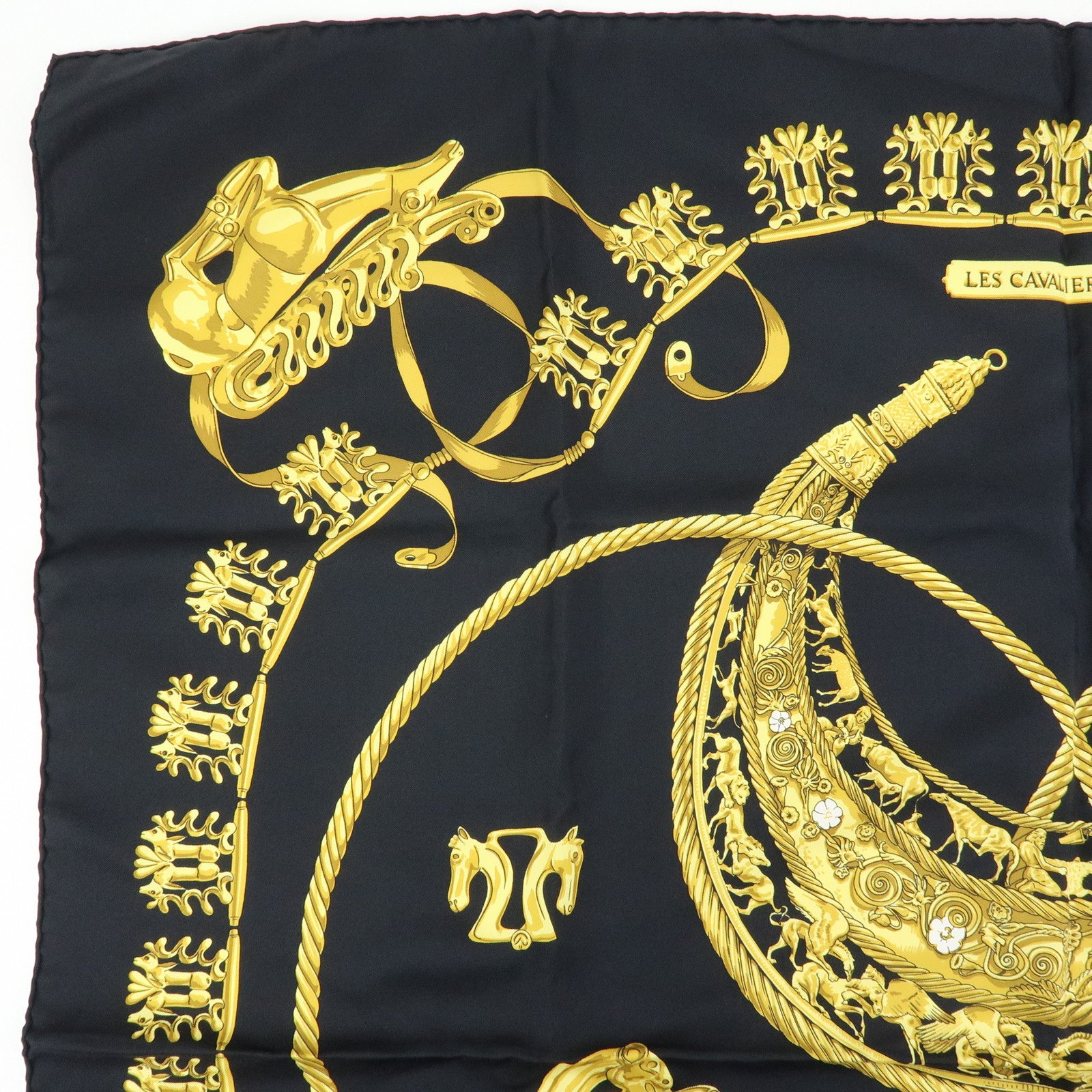 HERMES Carre 90 Silk 100% Scarf LES CAVALIERS D'OR Black Gold