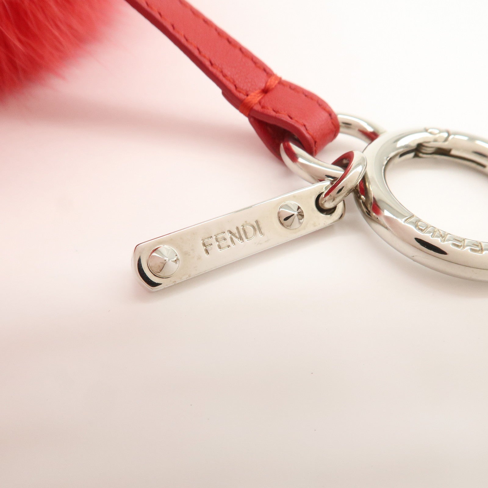 FENDI ABCHARM Initial A Pompom Fur Leather Bag Charm Key Chain Red