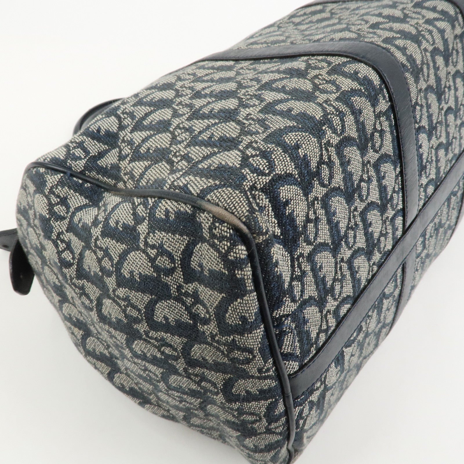 Christian Dior Trotter Jacquard Canvas Leather Boston Hand Bag Navy