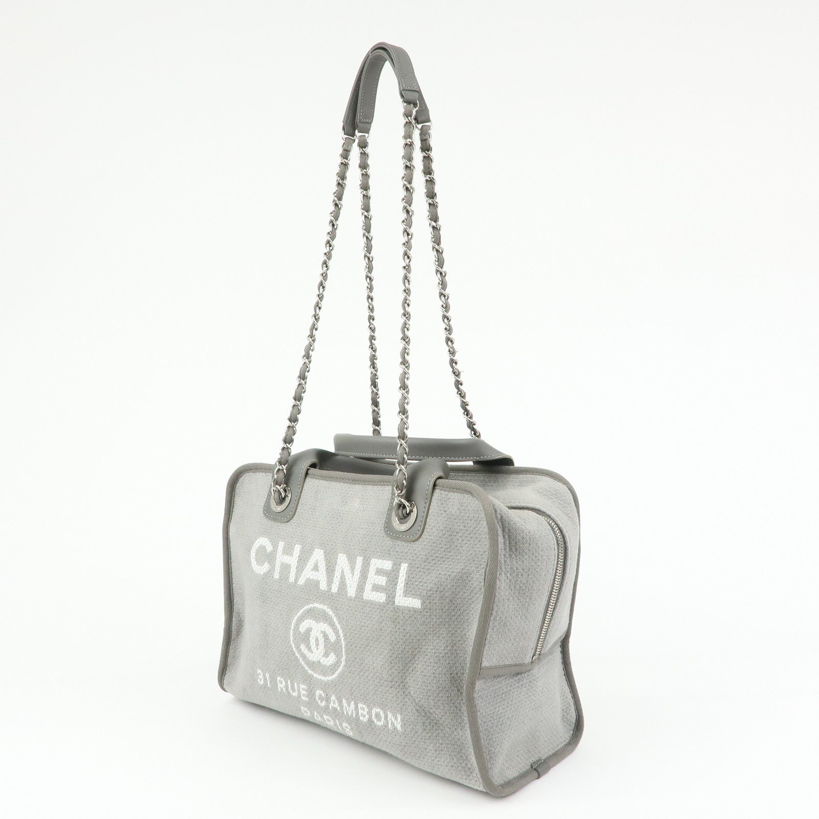 CHANEL Deauville Canvas Leather 2Way Boston Chain Shoulder Bag Gray