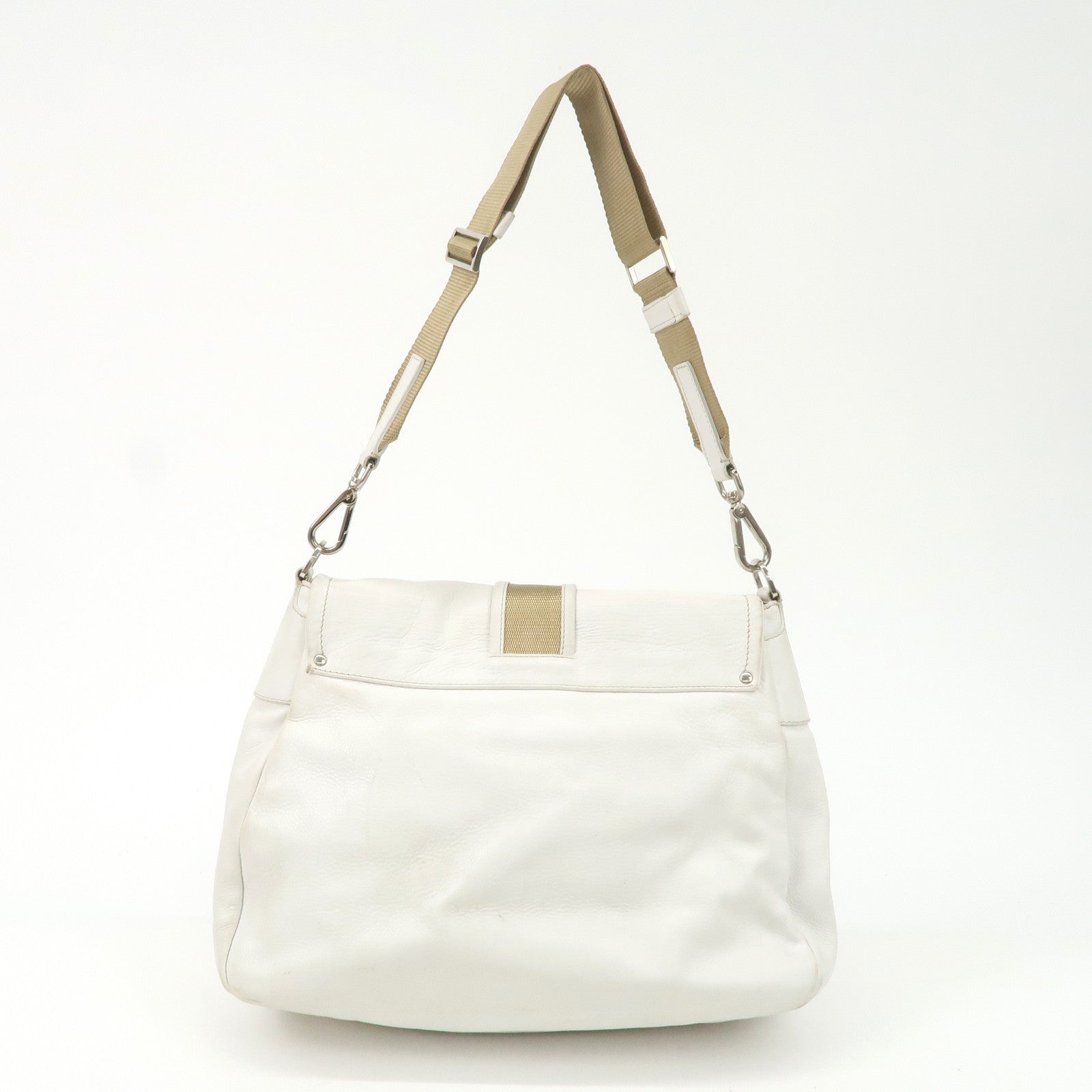 PRADA Triangle Logo Leather Nylon Shoulder Bag White Beige