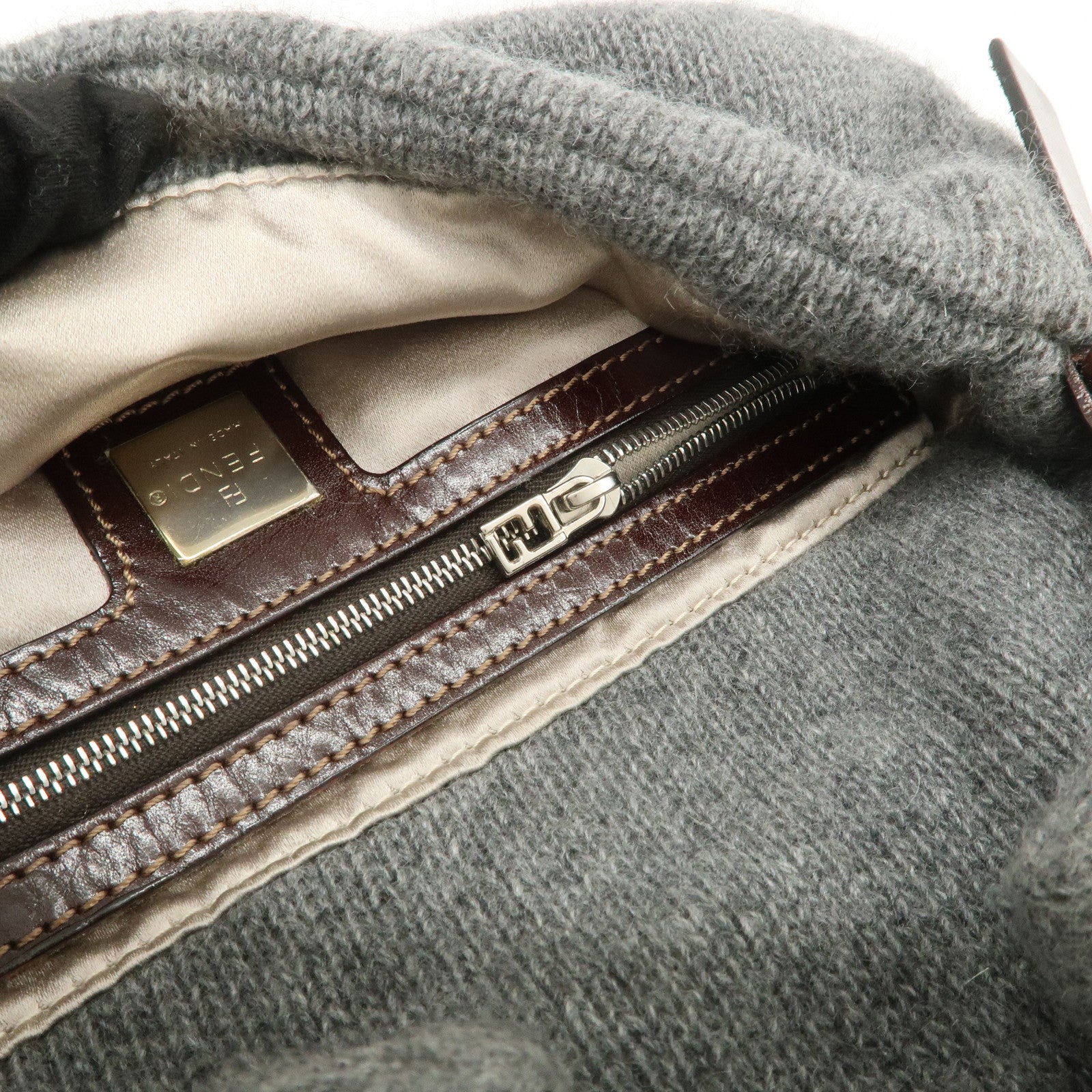 FENDI Mamma Baguette Wool Leather Shoulder Bag Brown Gray 26424
