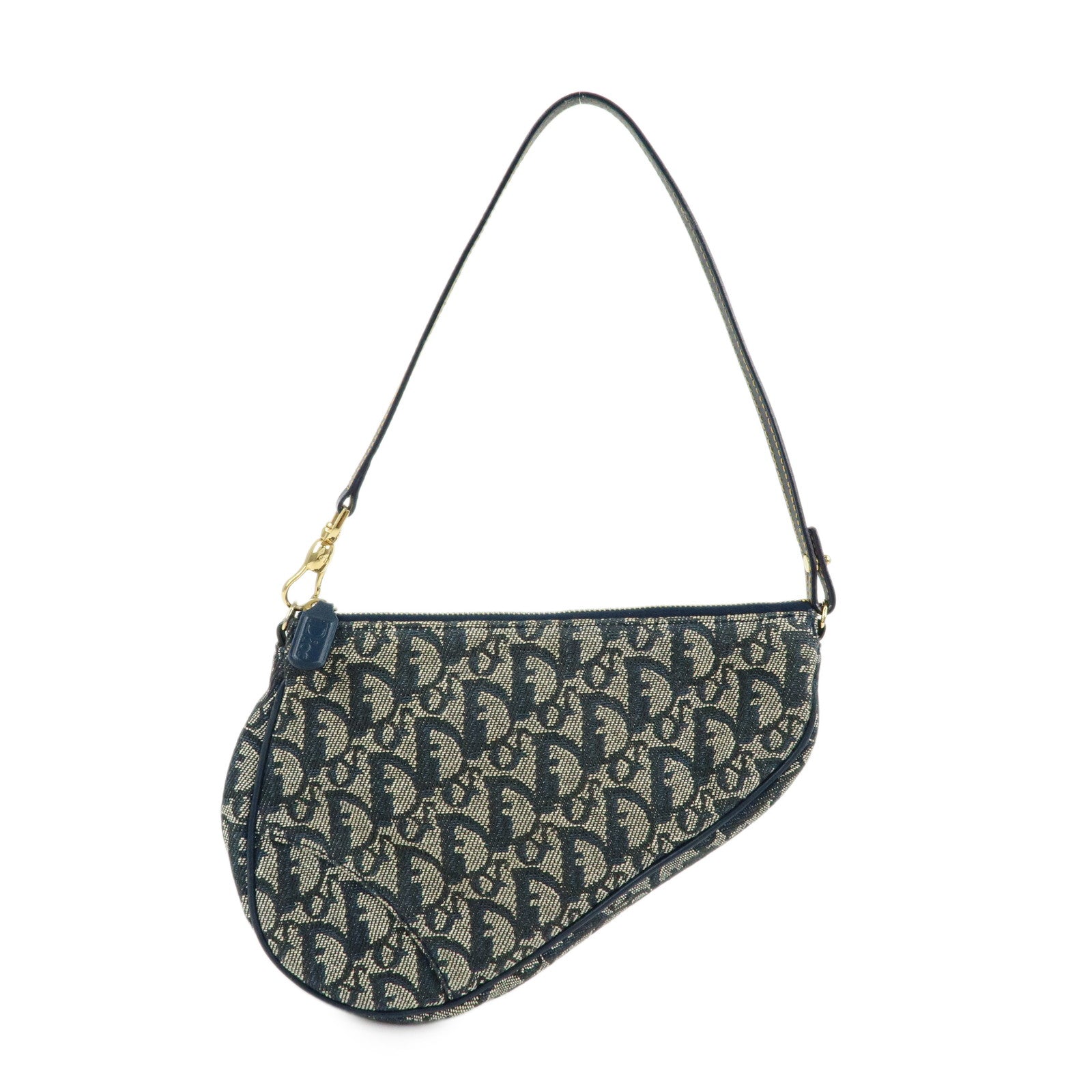 Christian Dior Saddle Oblique Canvas Leather Hand Bag Navy White