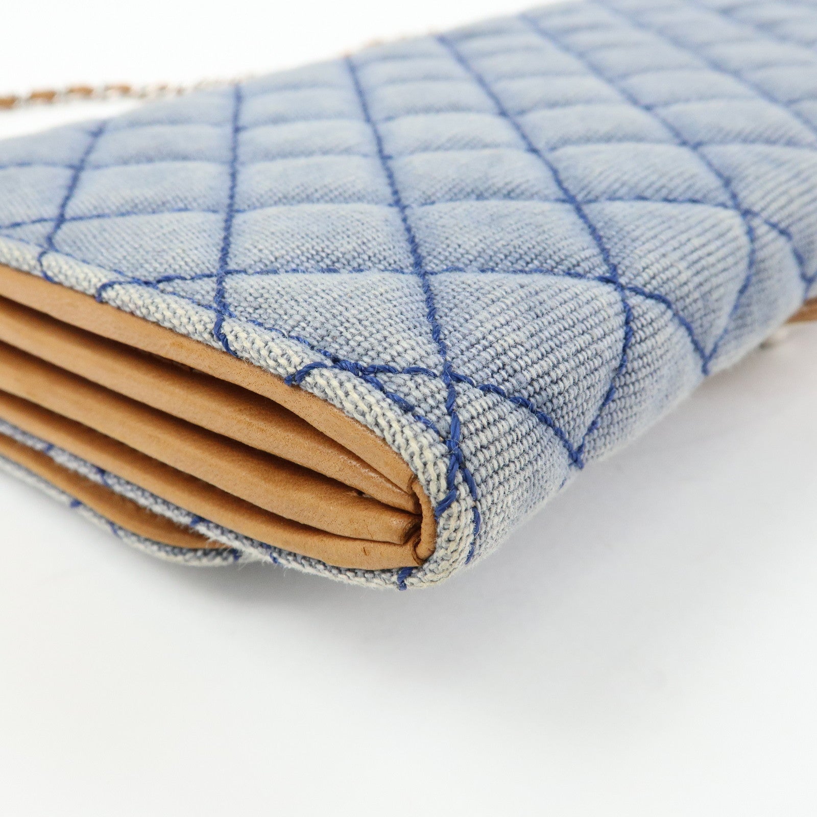 CHANEL Matelasse Denim Leather Chain Shoulder Bag Blue Light Brown