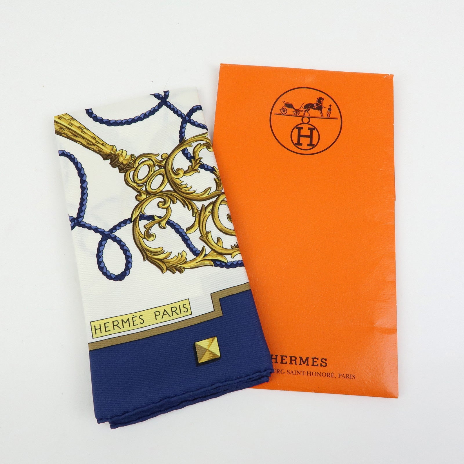 HERMES Carre 90 Silk 100% Scarf LES CLES THE KEYS RARE White Navy