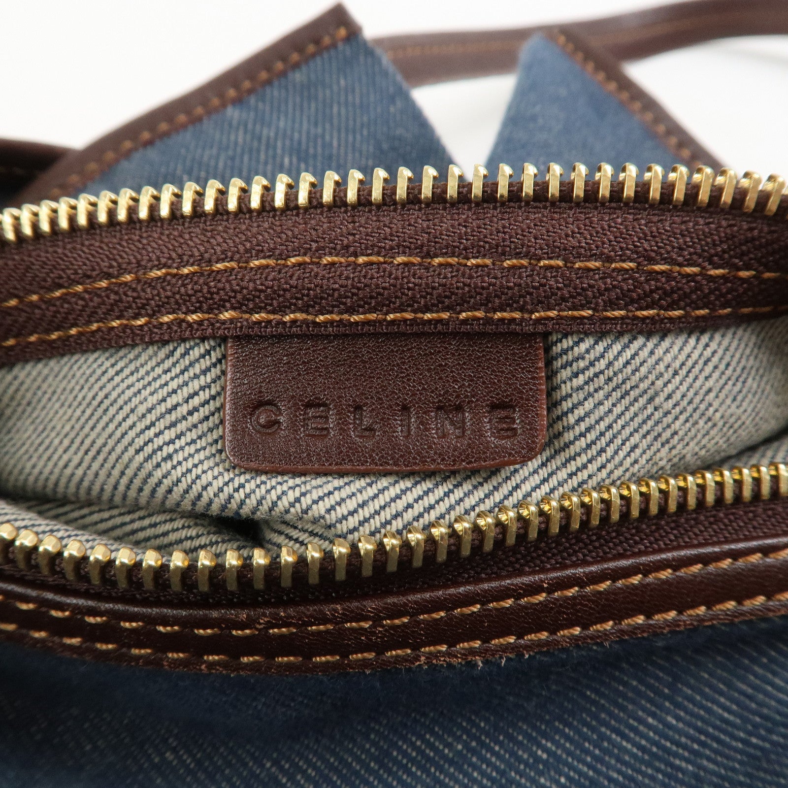 CELINE Macadam Denim Leather Tote Bag Shoulder Bag Blue Brown