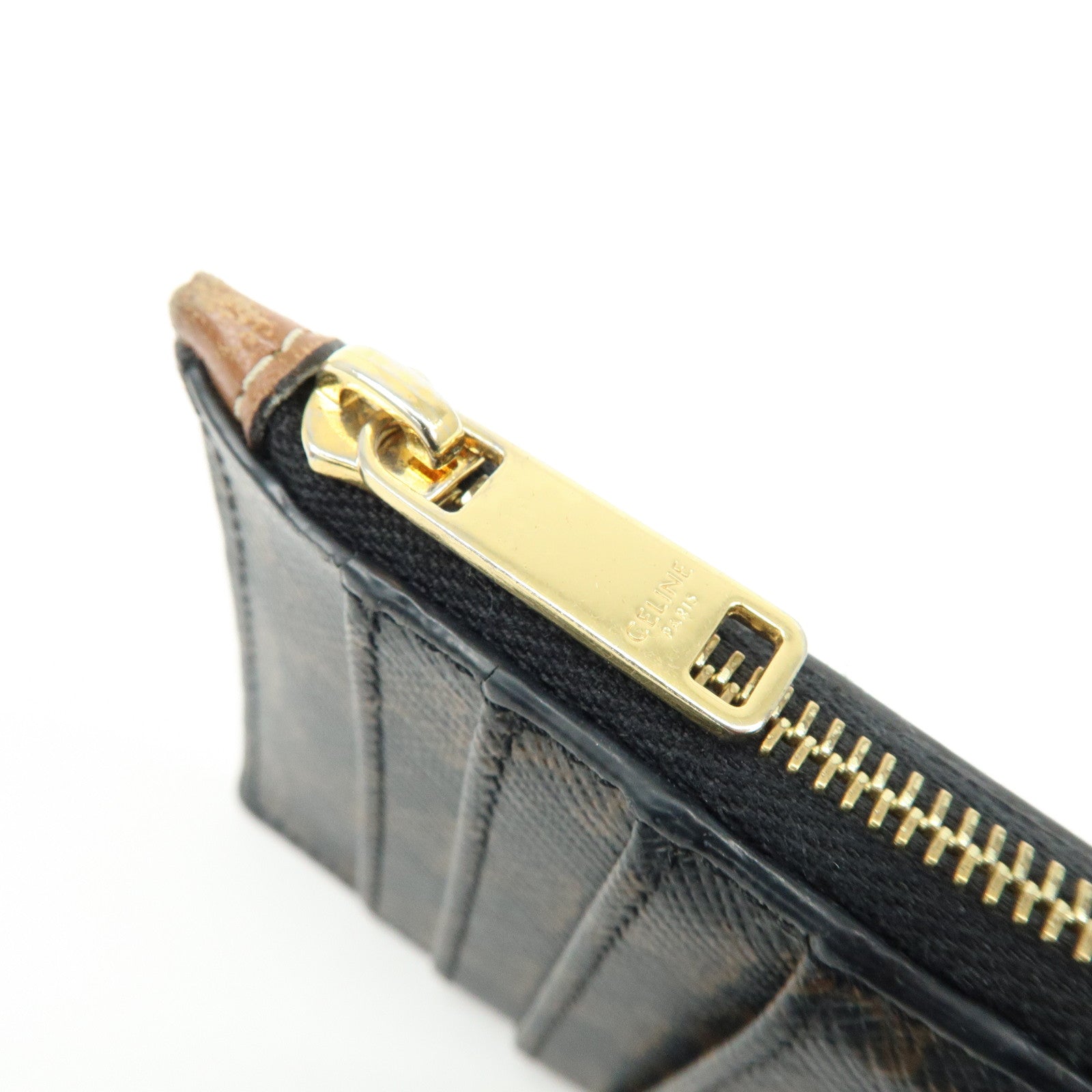 CELINE Triomphe Leather PVC Canvas Card Fragment Case Black Brown