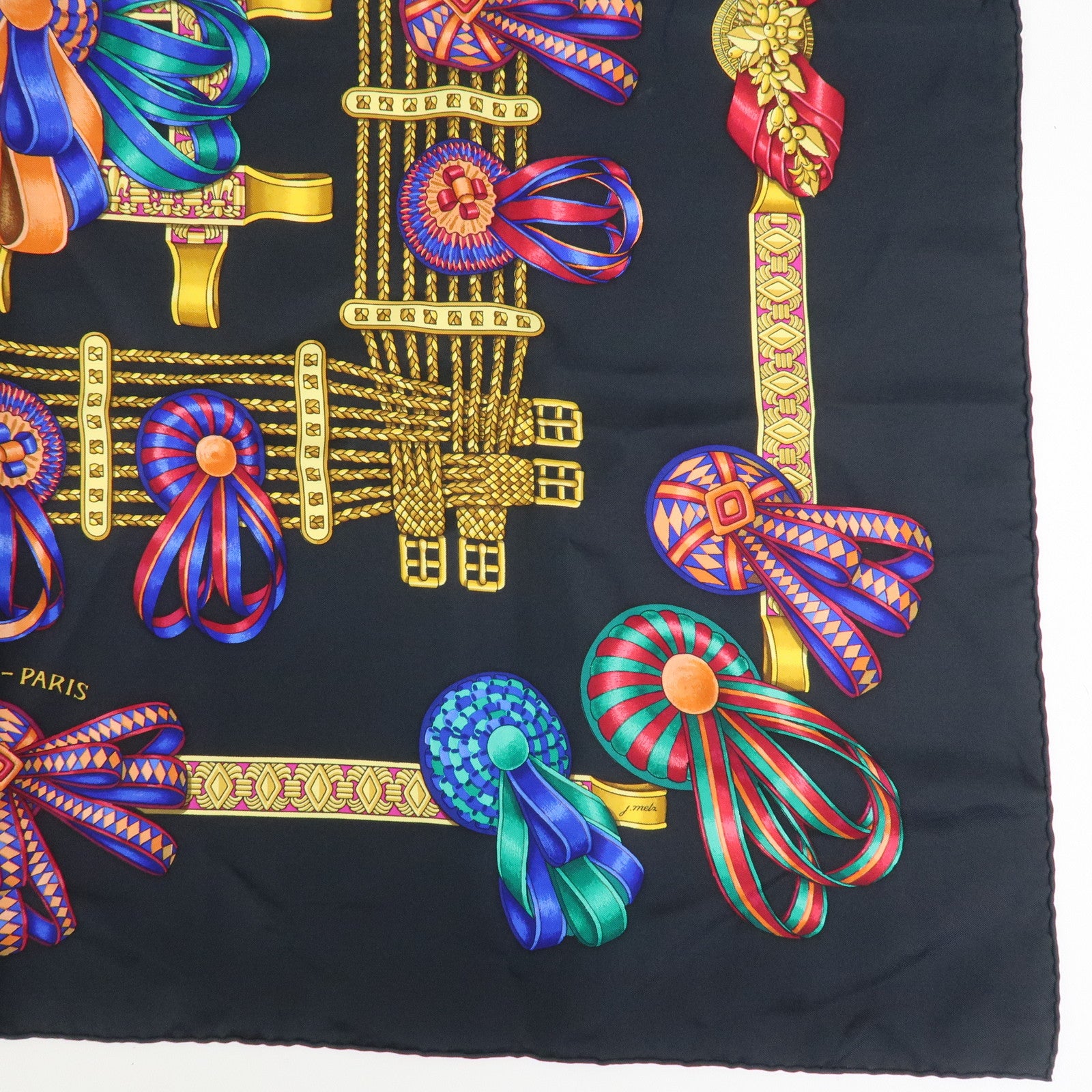 Hermes Carre 90 Silk 100% Scarf LES RUBANS DU CHEVAL Black