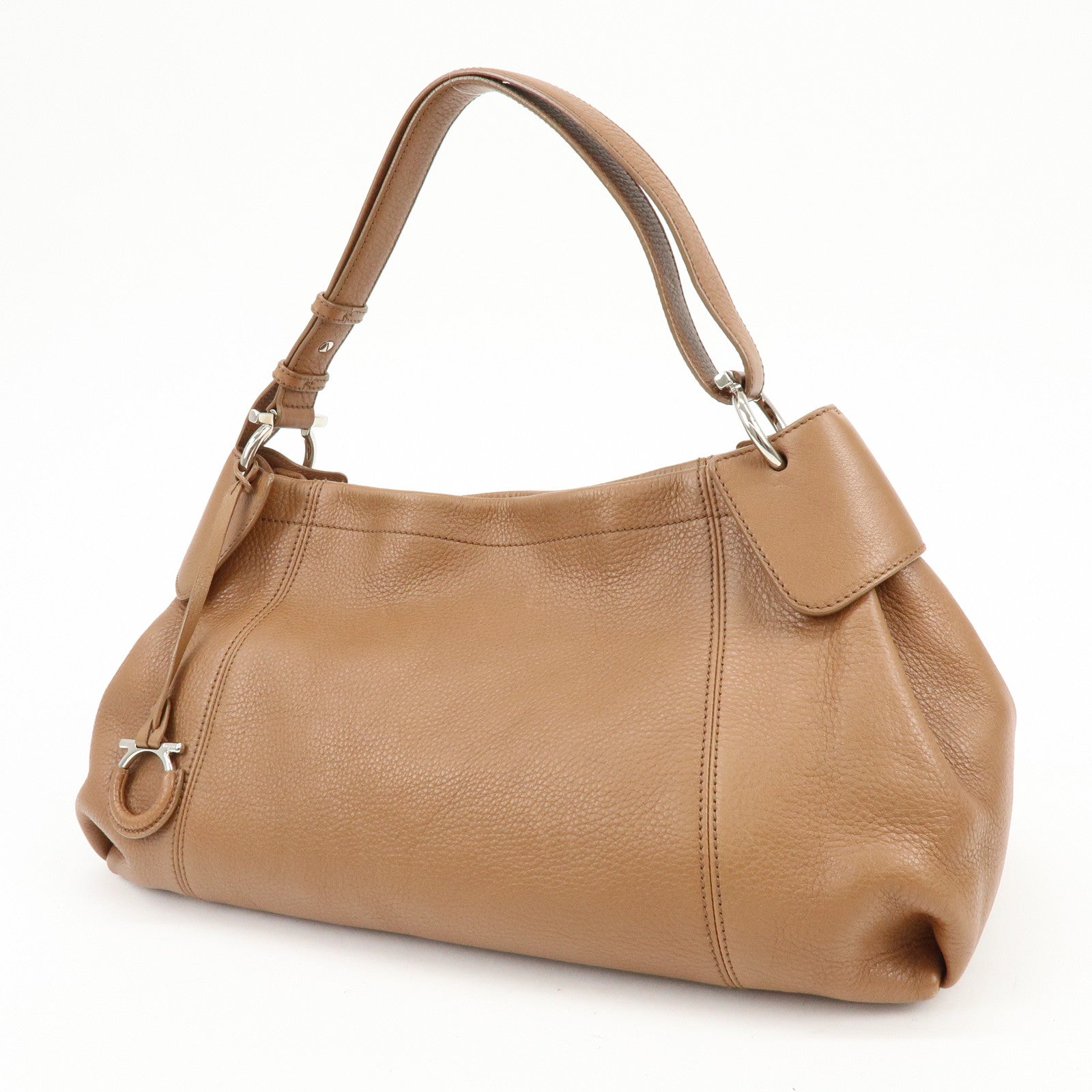 Ferragamo Gancini Leather Shoulder Bag Hand Bag Charm Brown