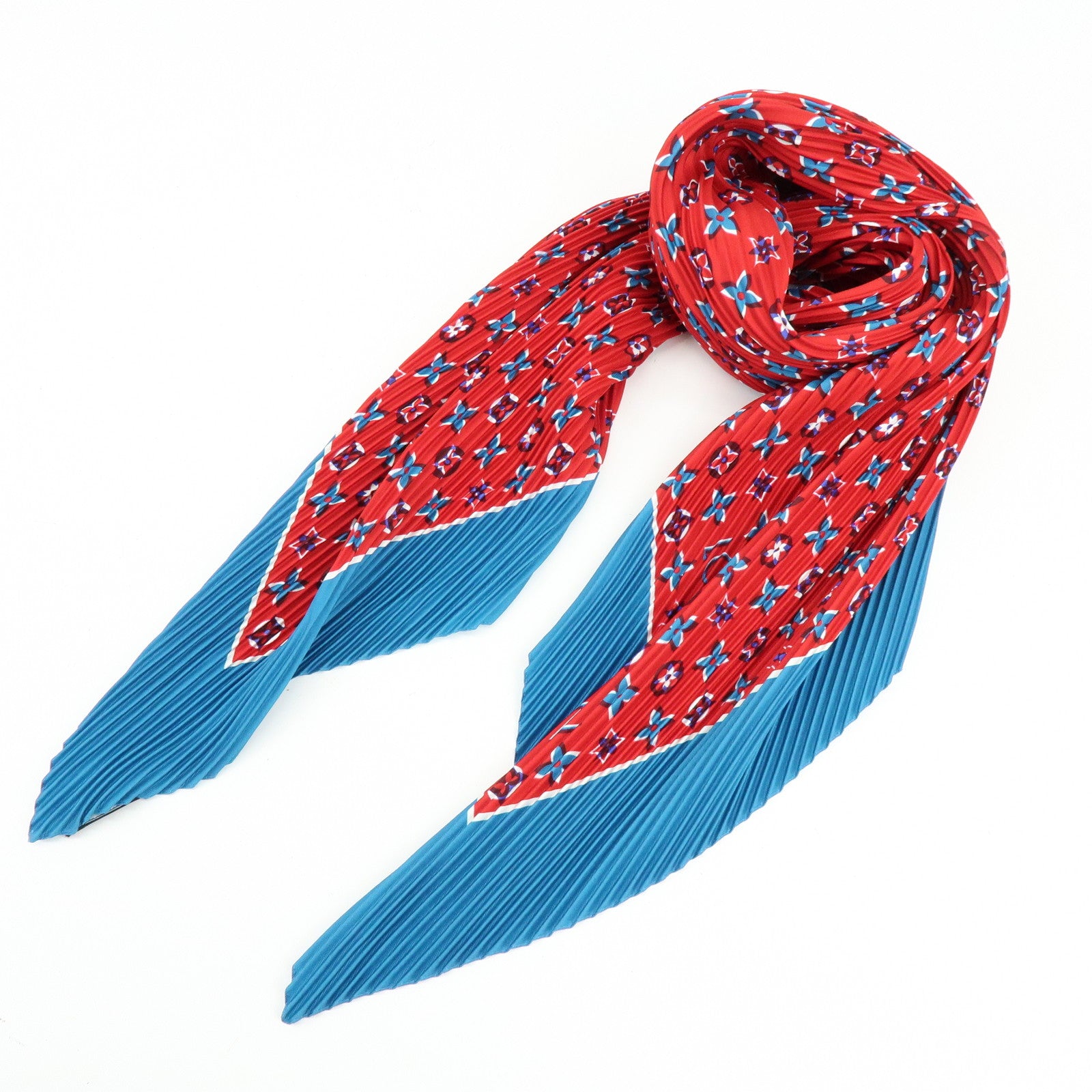 Louis Vuitton Monogram Silk 100% Pleated Scarf Red Blue M73846