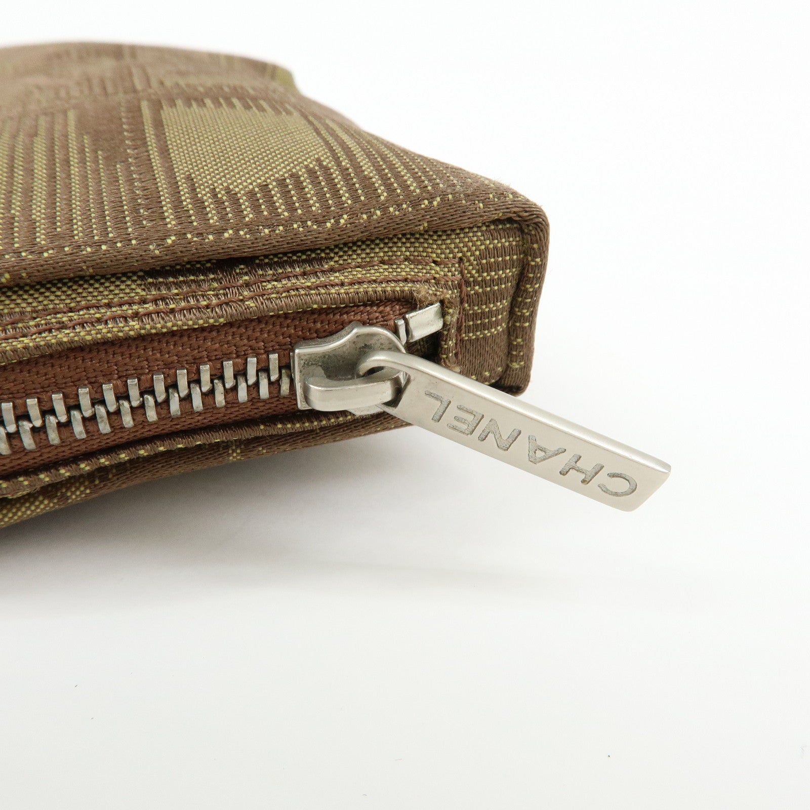 CHANEL New Travel Line Nylon Jacquard Mini Pouch Cosmetic Bag Khaki