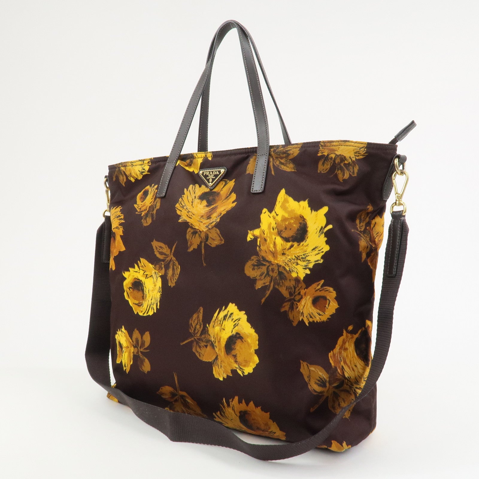 PRADA Triangle Logo Nylon Leather 2Way Shoulder Bag Flower Print