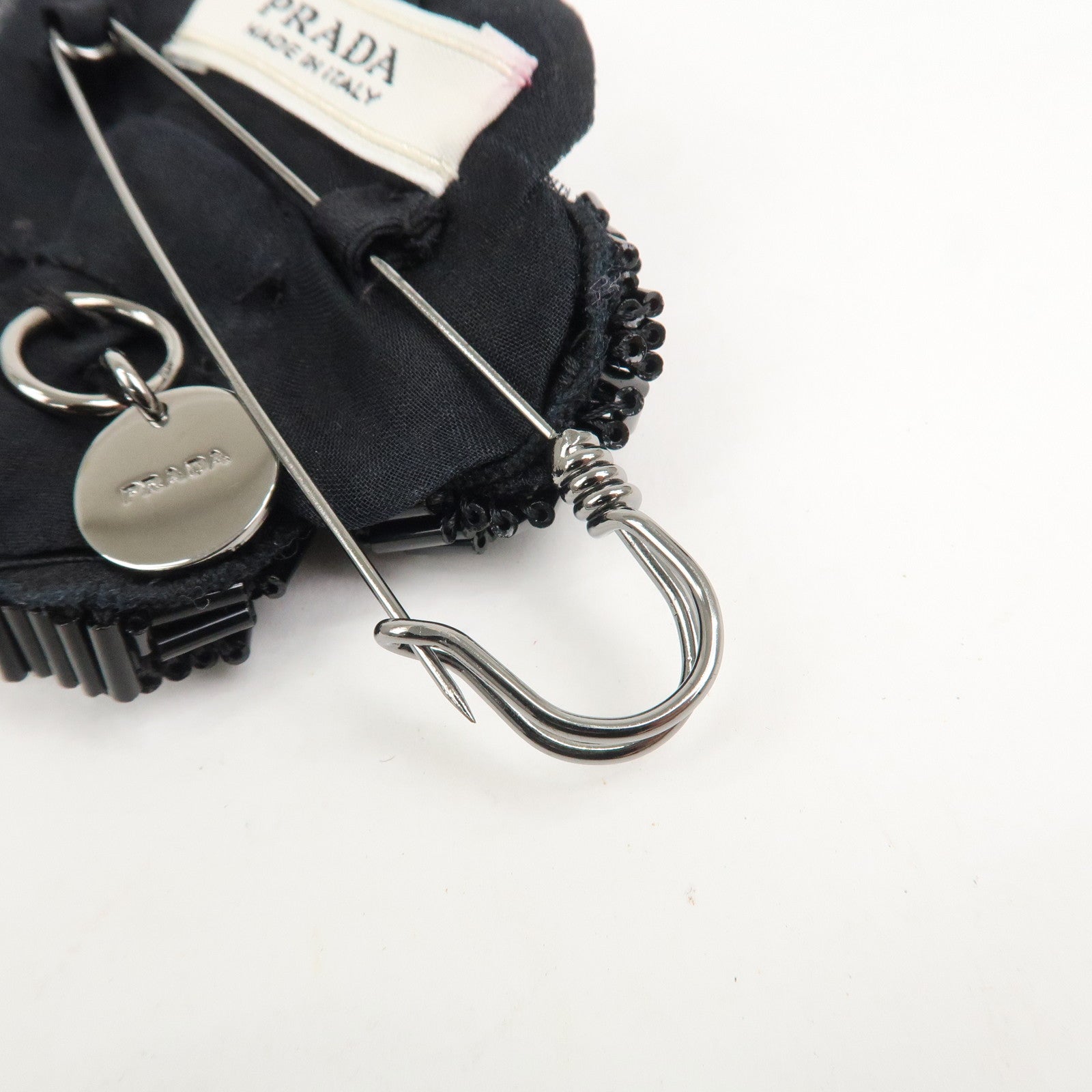 PRADA Beads Organdy Brooch Flower Silver HDW Black P7428R