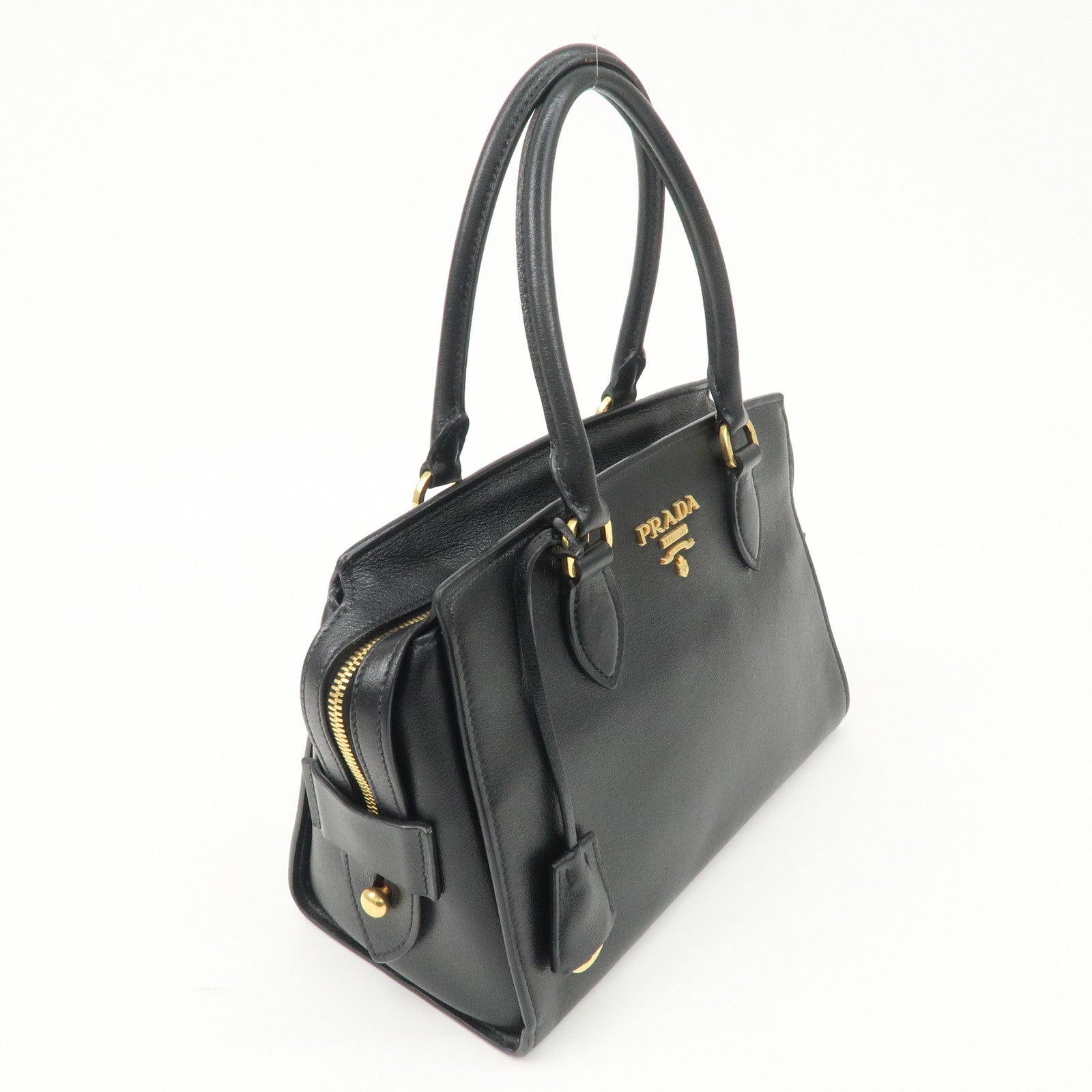 PRADA Leather 2Way Bag Hand Bag Black Gold Hardware Used