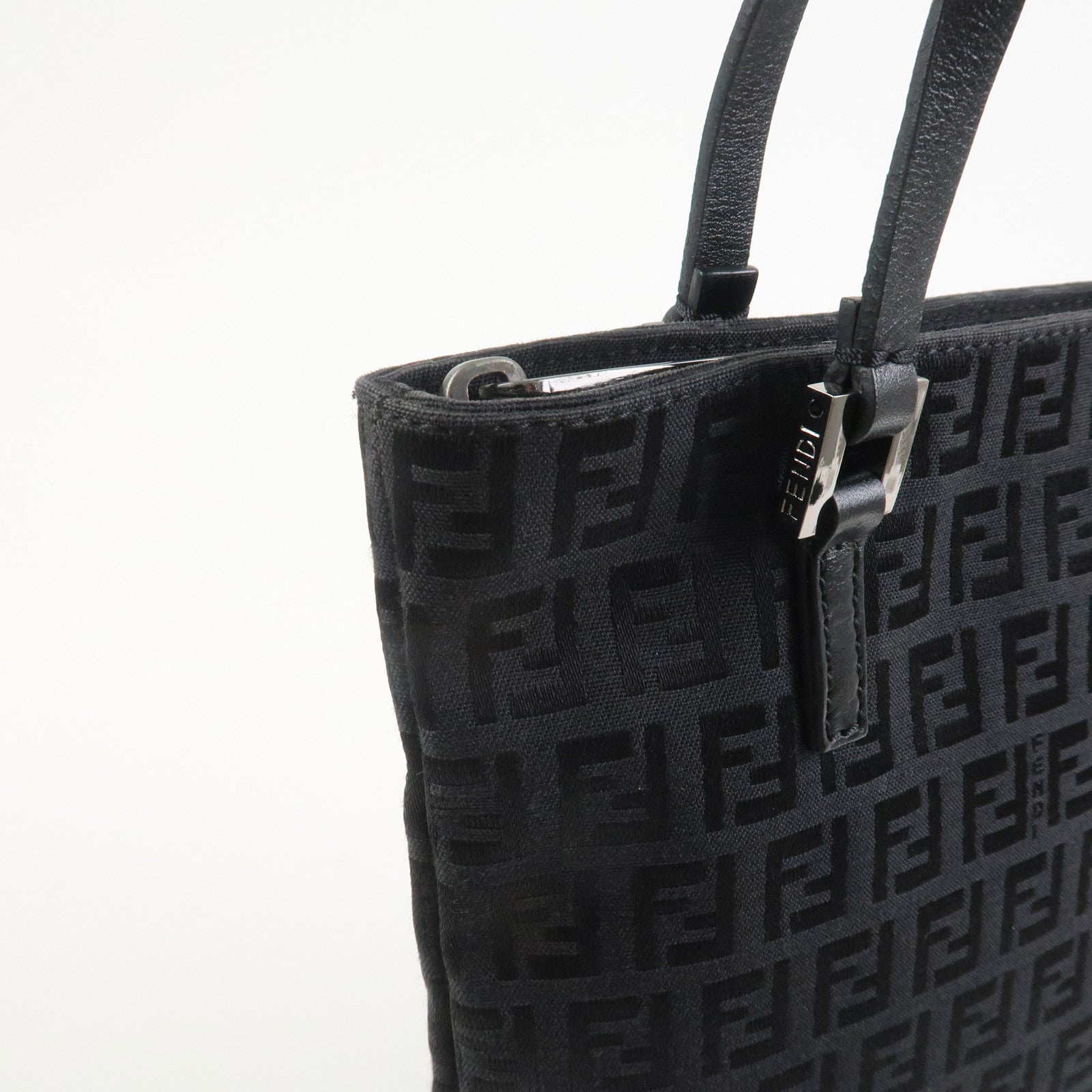 FENDI Zucchino Canvas Leather Tote Bag Hand Bag Black 8BH050