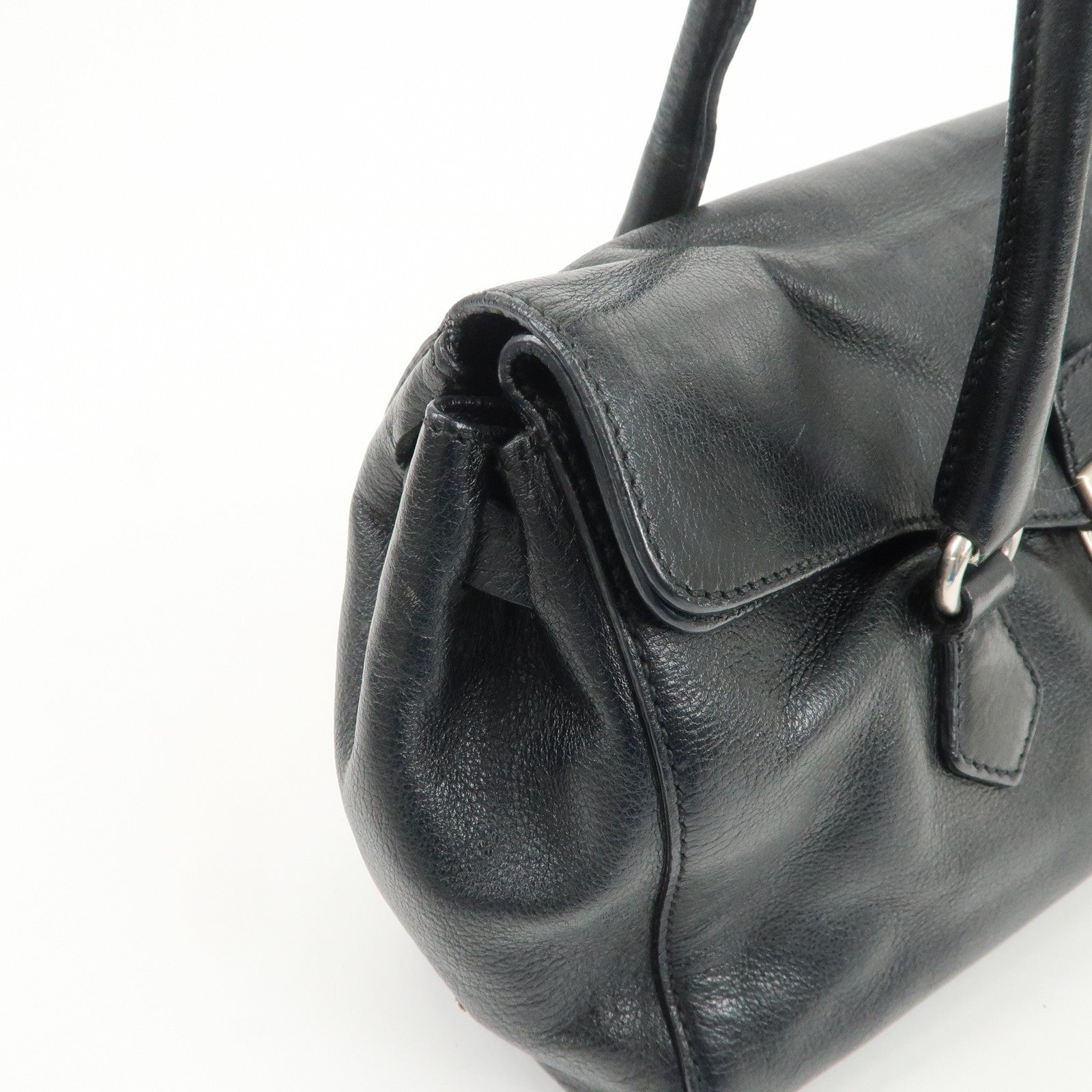 PRADA Triangle Logo Leather Shoulder Bag Hand Bag Black