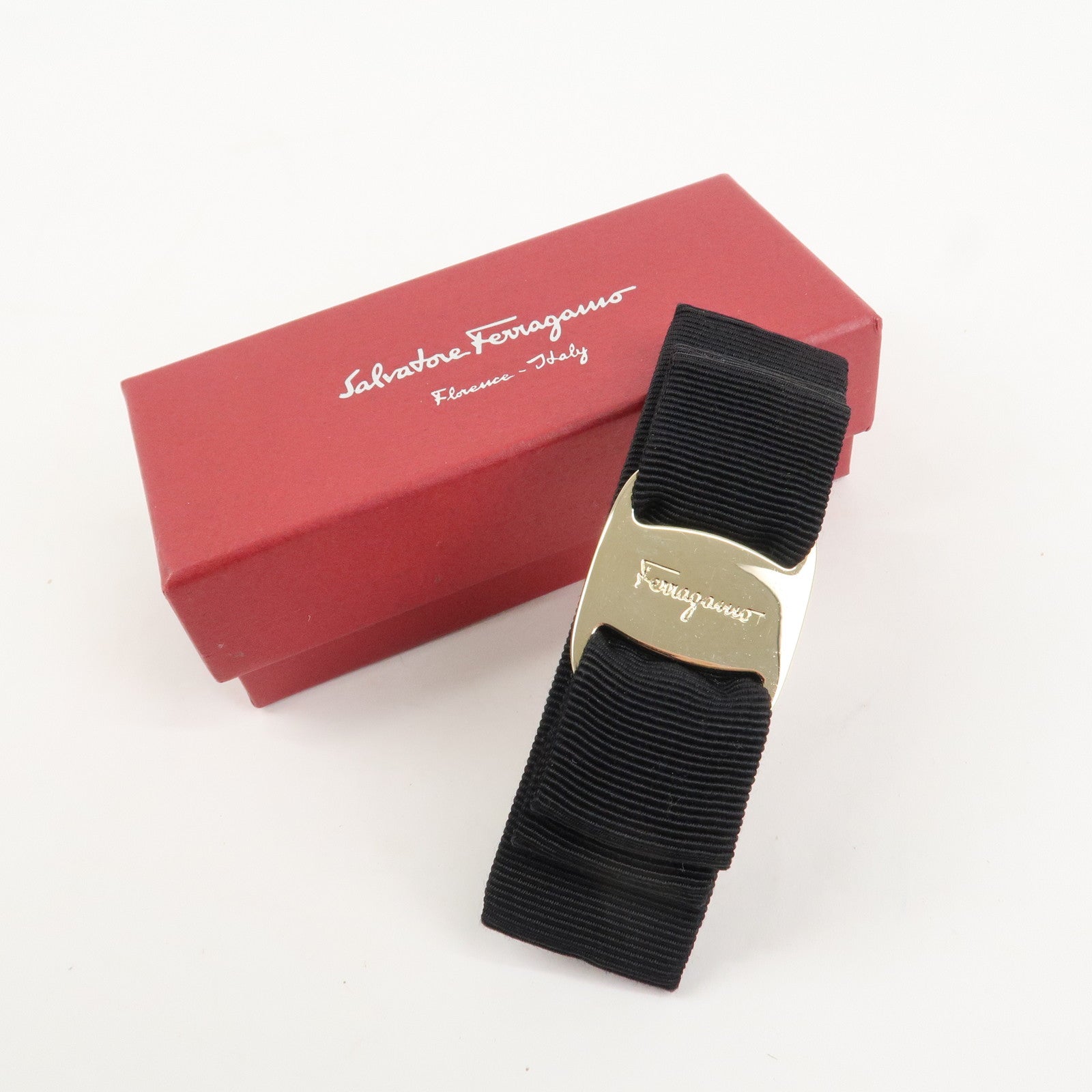 Ferragamo Vara Ribbon Cotton Barrette Hair Clip Black 342019 Used