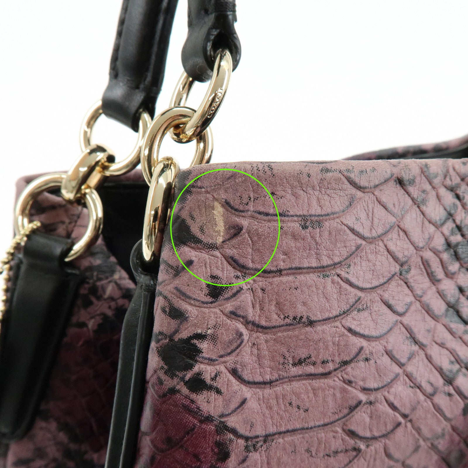 COACH Embossed Leather Python Print Shoulder Bag Purple Black