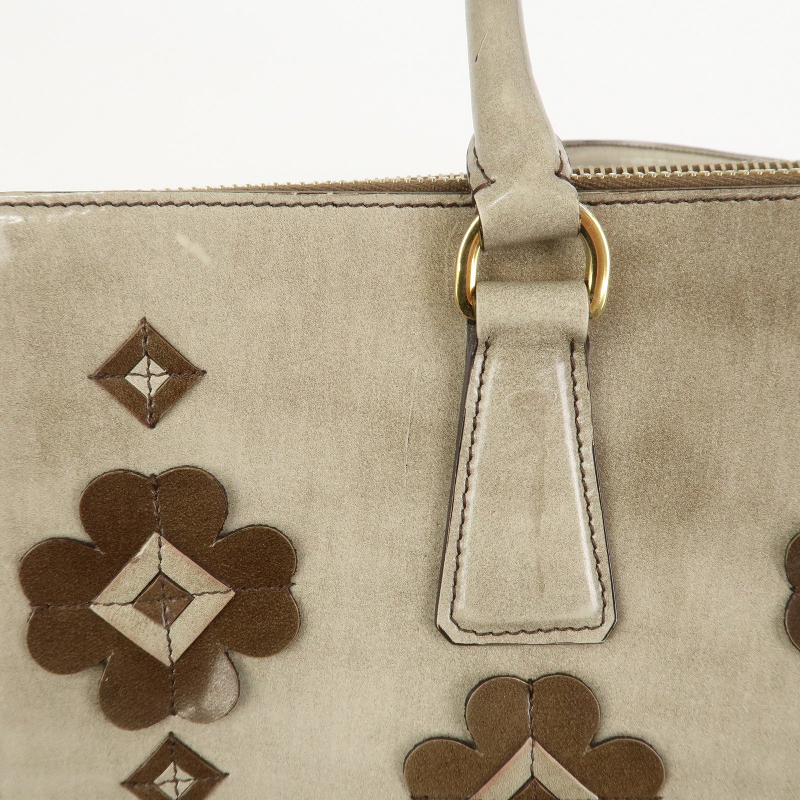 PRADA Patent Leather Flower Galleria 2Way Tote Bag Greige BB2274F