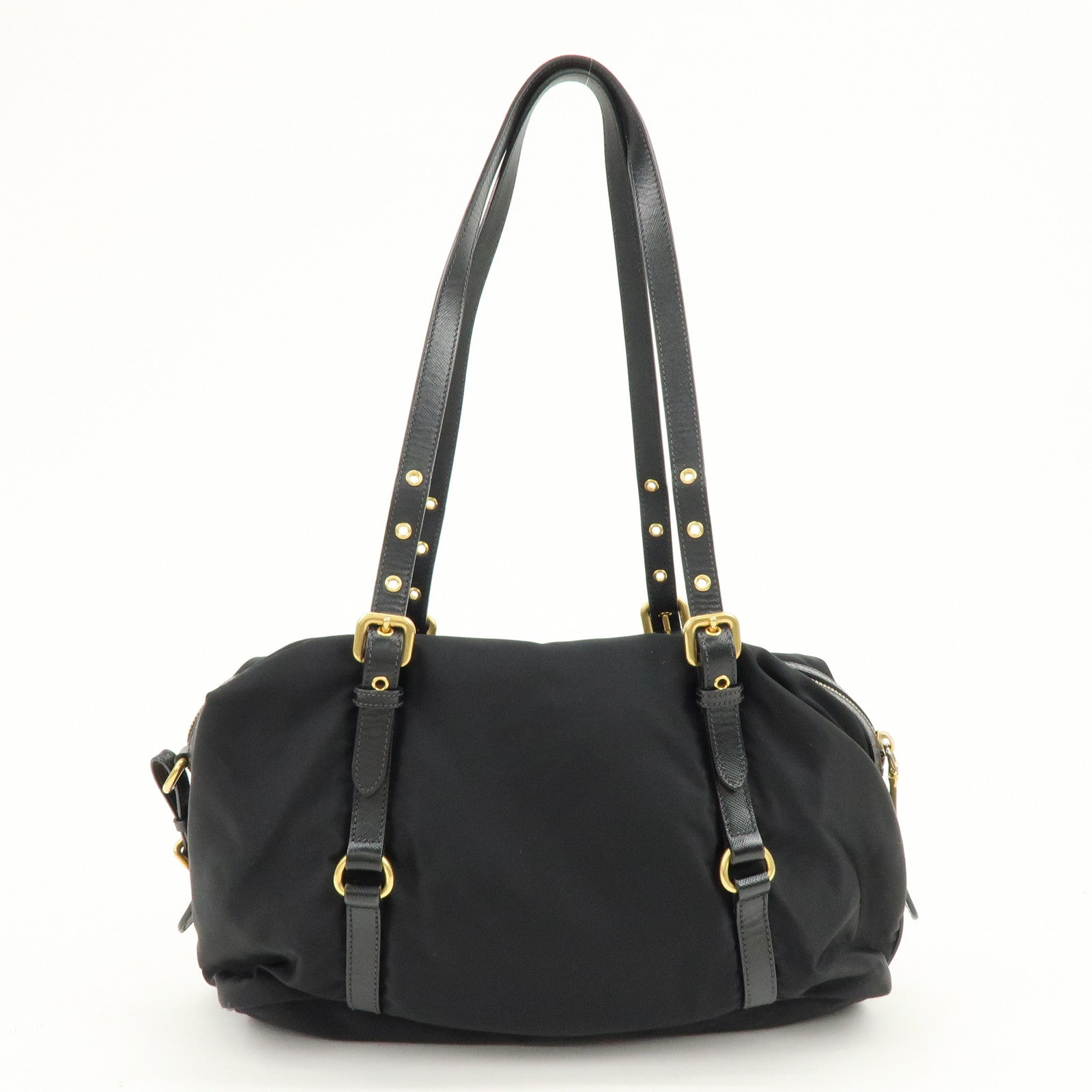 PRADA Logo Nylon Leather Boston Bag Shoulder Bag Black BL0600