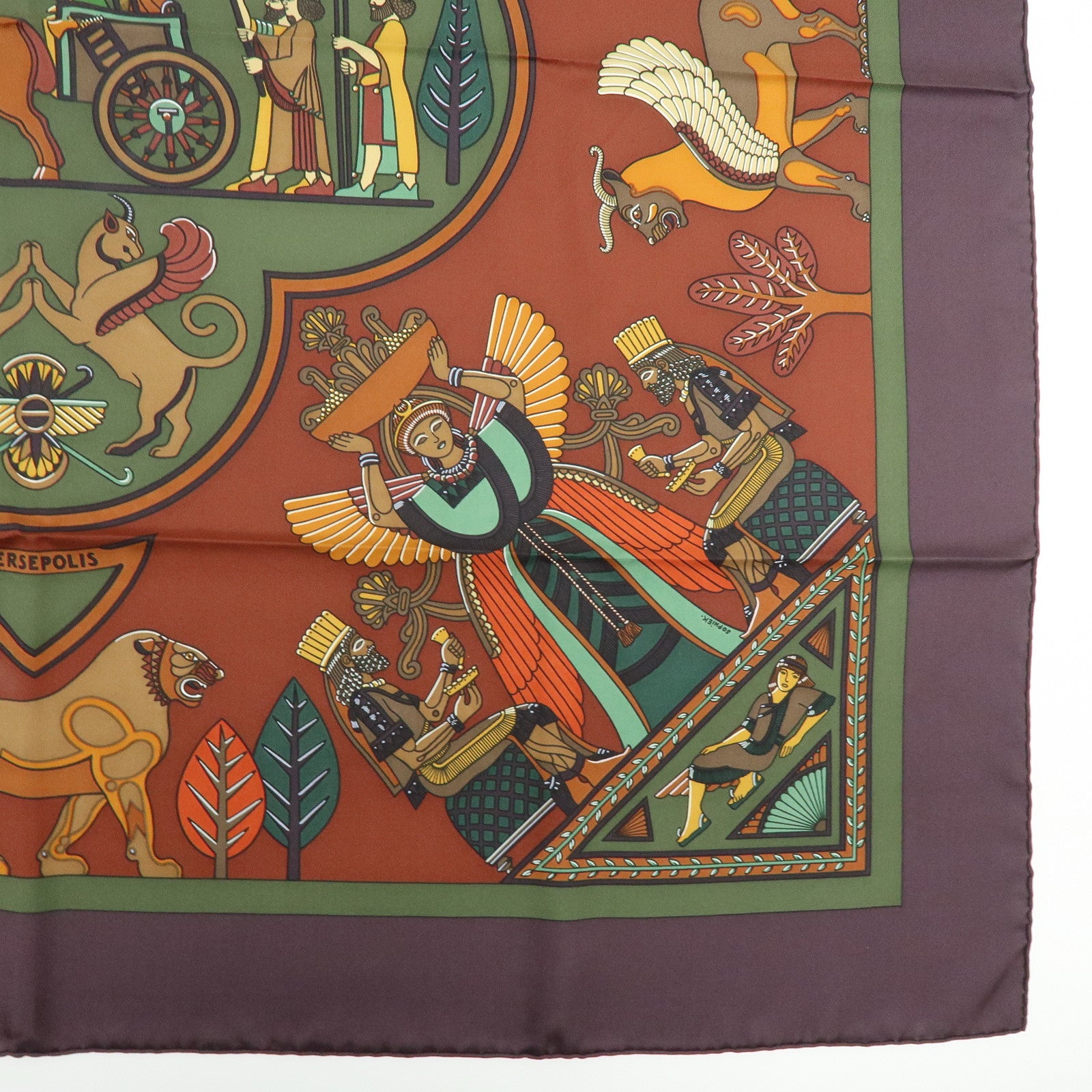 HERMES Carre 90 Silk 100% Scarf PERSEPOLIS Persian Print Brown