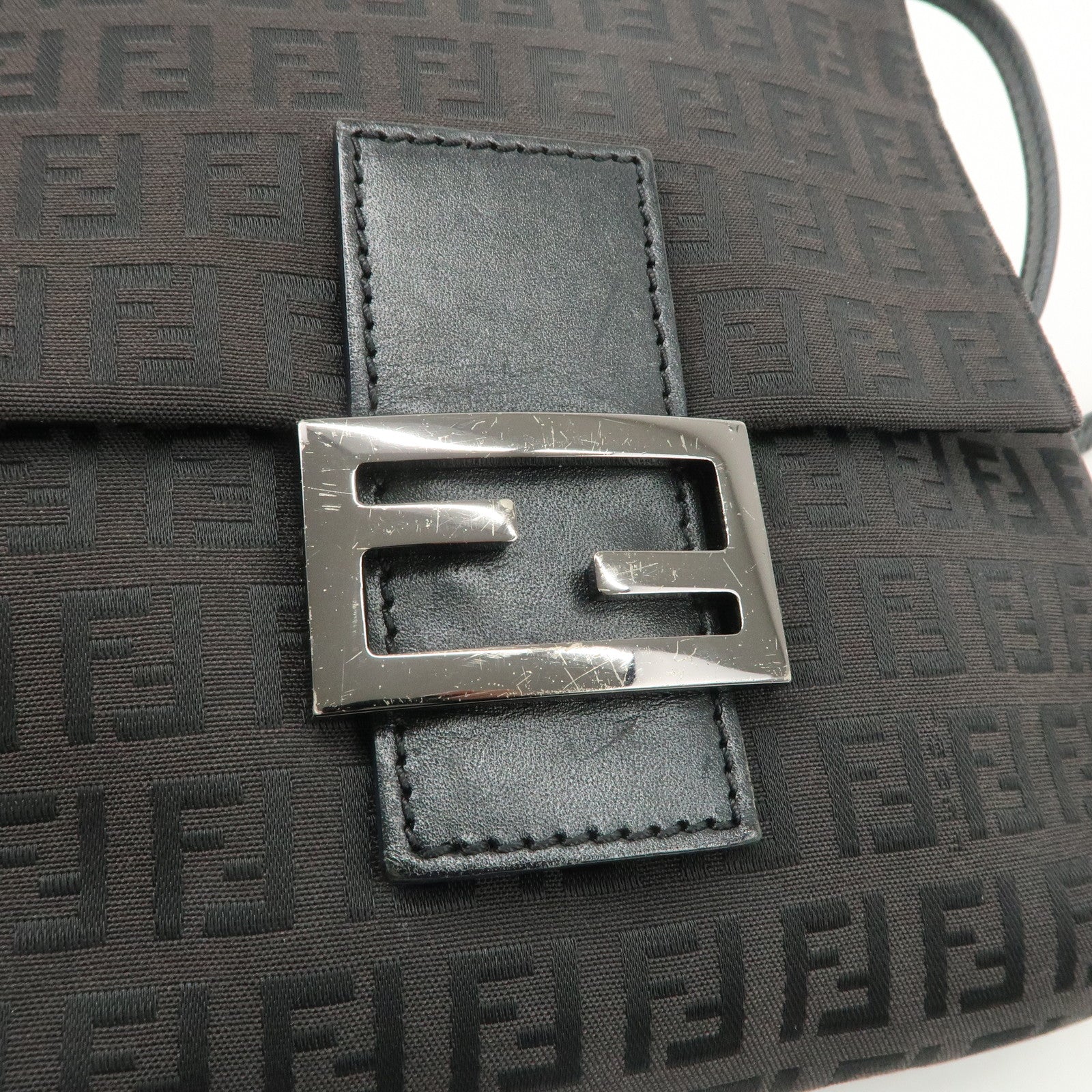 FENDI Zucchino Canvas Leather Shoulder Bag Dark Brown 8BT075 Used