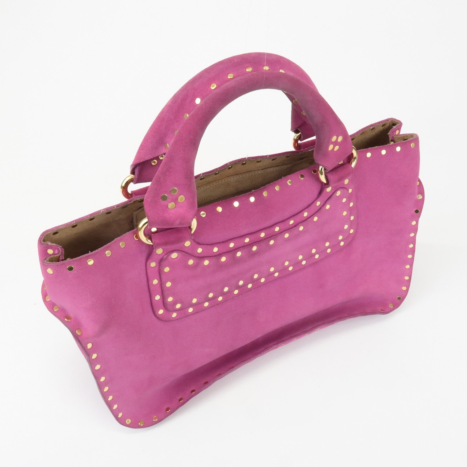 CELINE Suede Leather Studs Buggy Bag Hand Bag Pink Gold