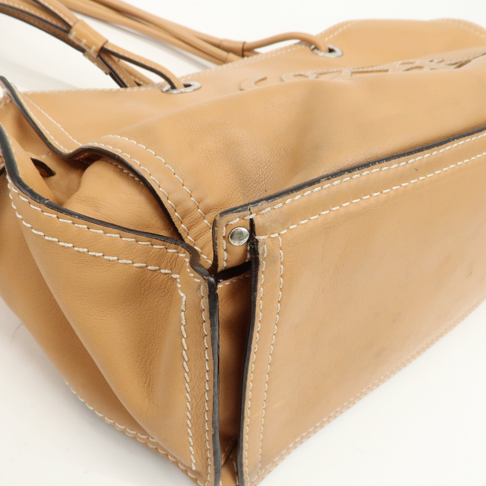 LOEWE Anagram Logo Leather Shopper Tote Bag Shouder Bag Light Brown