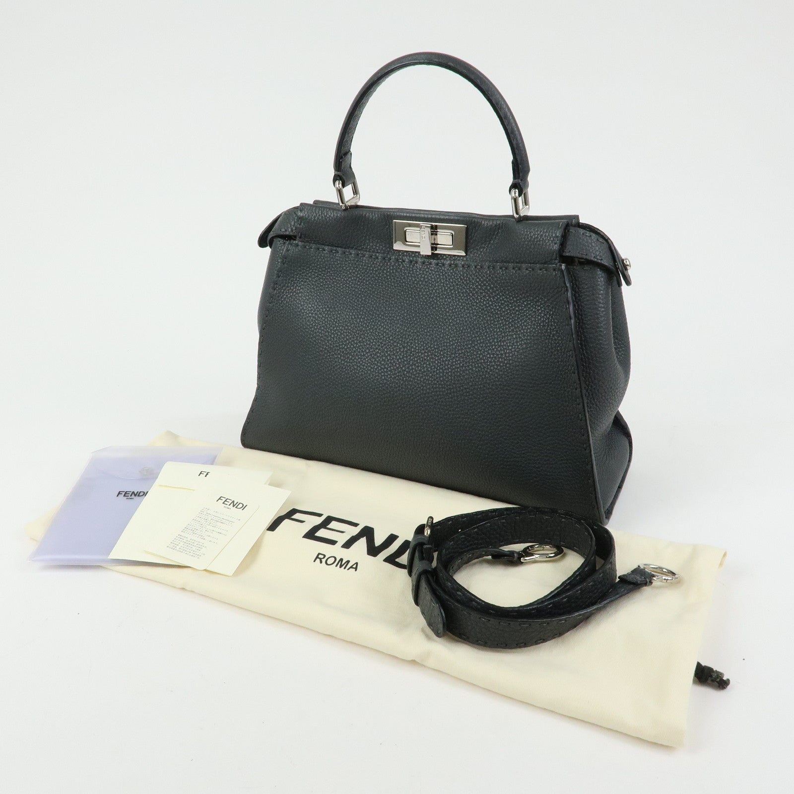 FENDI Selleria Peekaboo Leather 2Way Bag Hand Bag Gray 8BN290