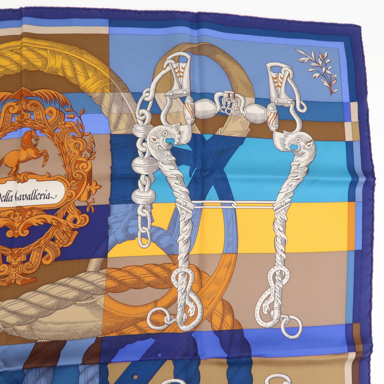 HERMES Carre 90 Silk 100% Scarf DELLA CAVALLERIA Blue Brown
