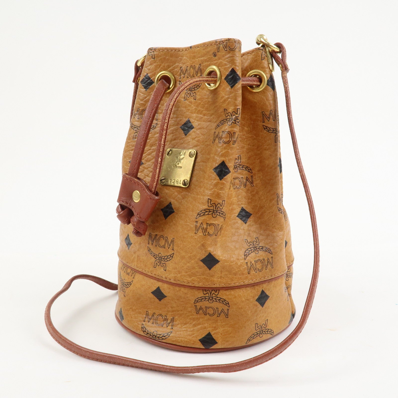 MCM Visetos Leather Drawstring Shoulder Bag Brown