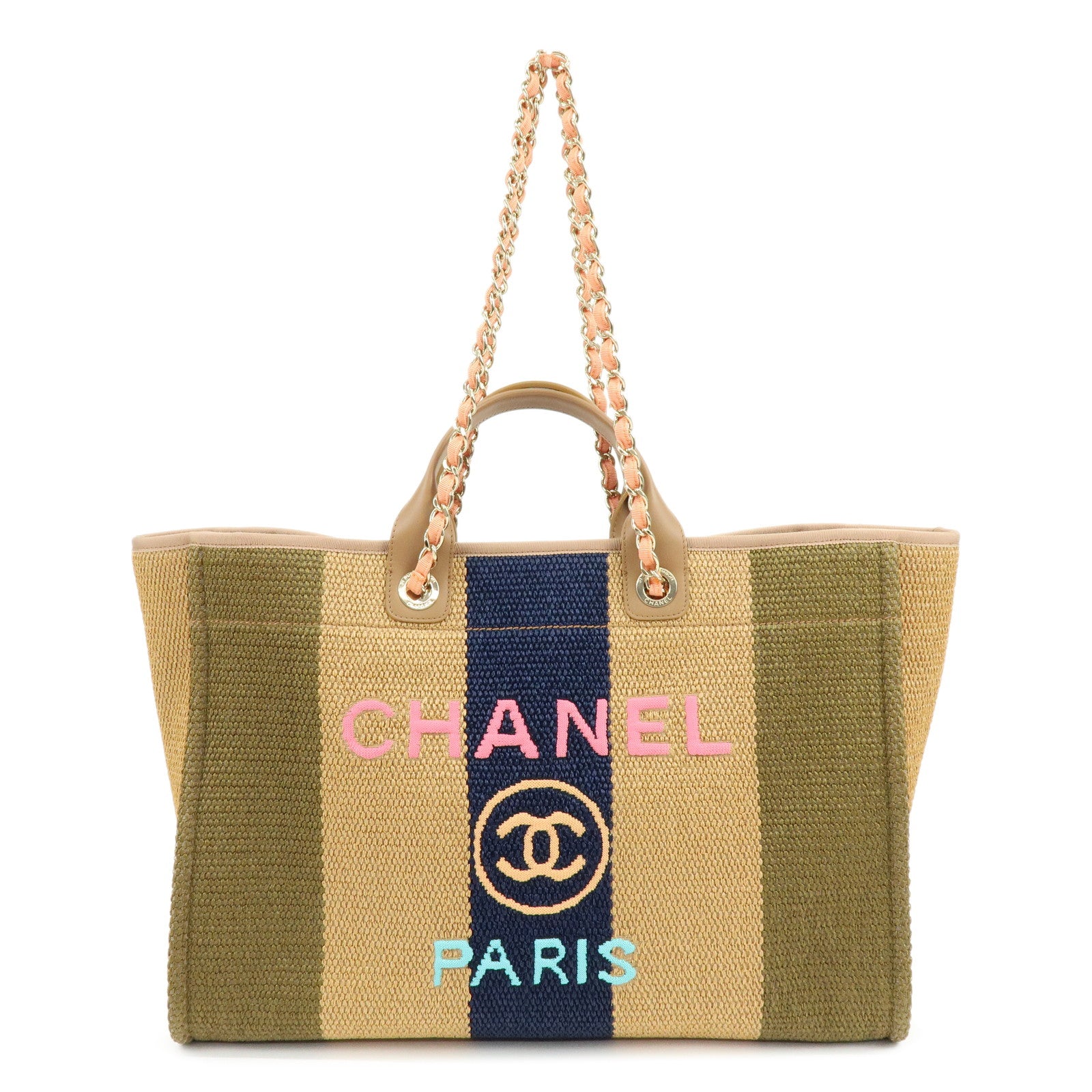 CHANEL Deauville Raffia Leather 2Way Tote Bag Shoulder Bag Beige