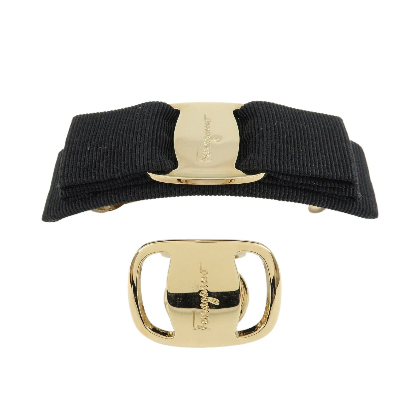 Ferragamo Set of 2 Vara Ribbon Metal Canvas Hair Clip Scarf Ring