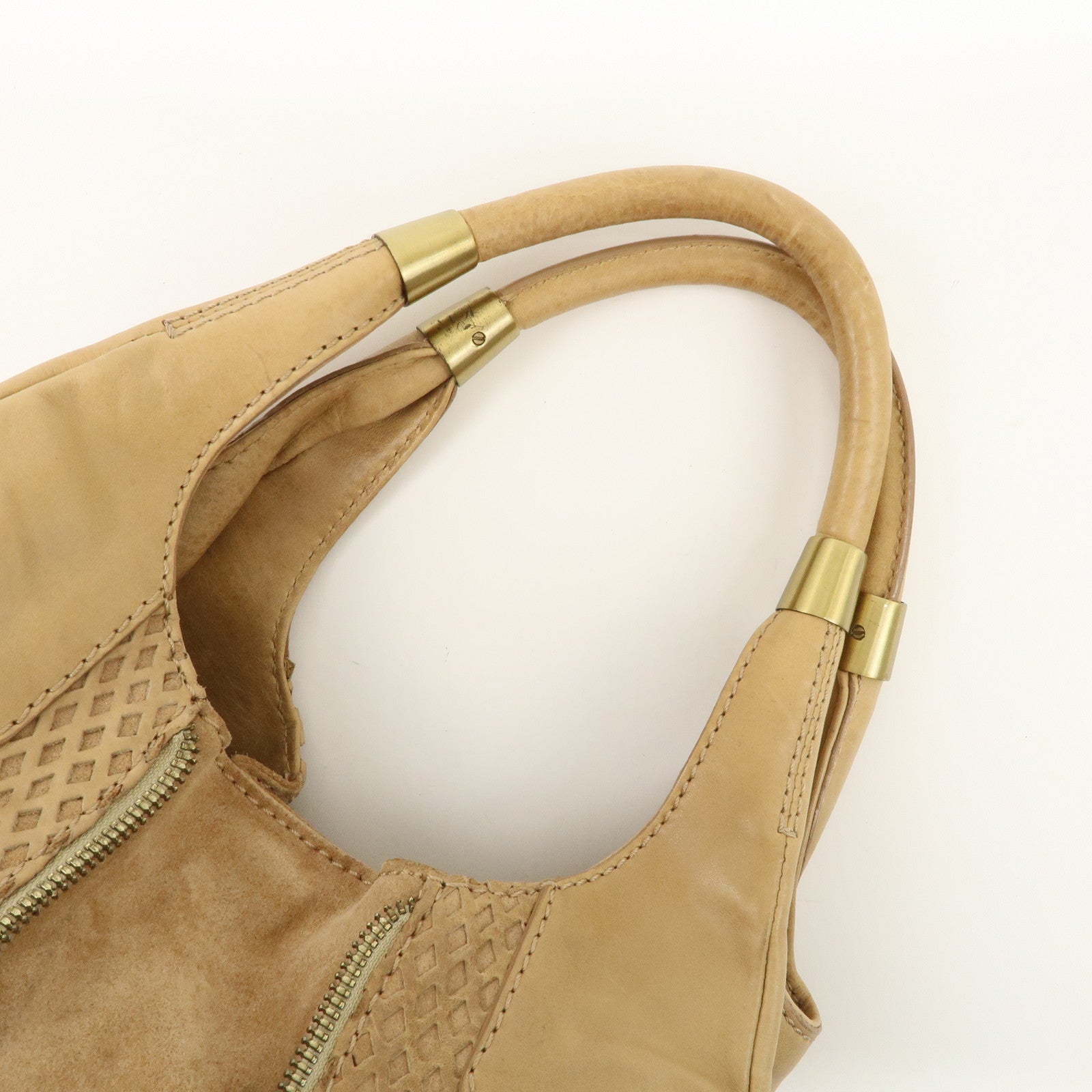 JIMMY CHOO Leather Shoulder Bag Hand Bag Beige Gold Hardware