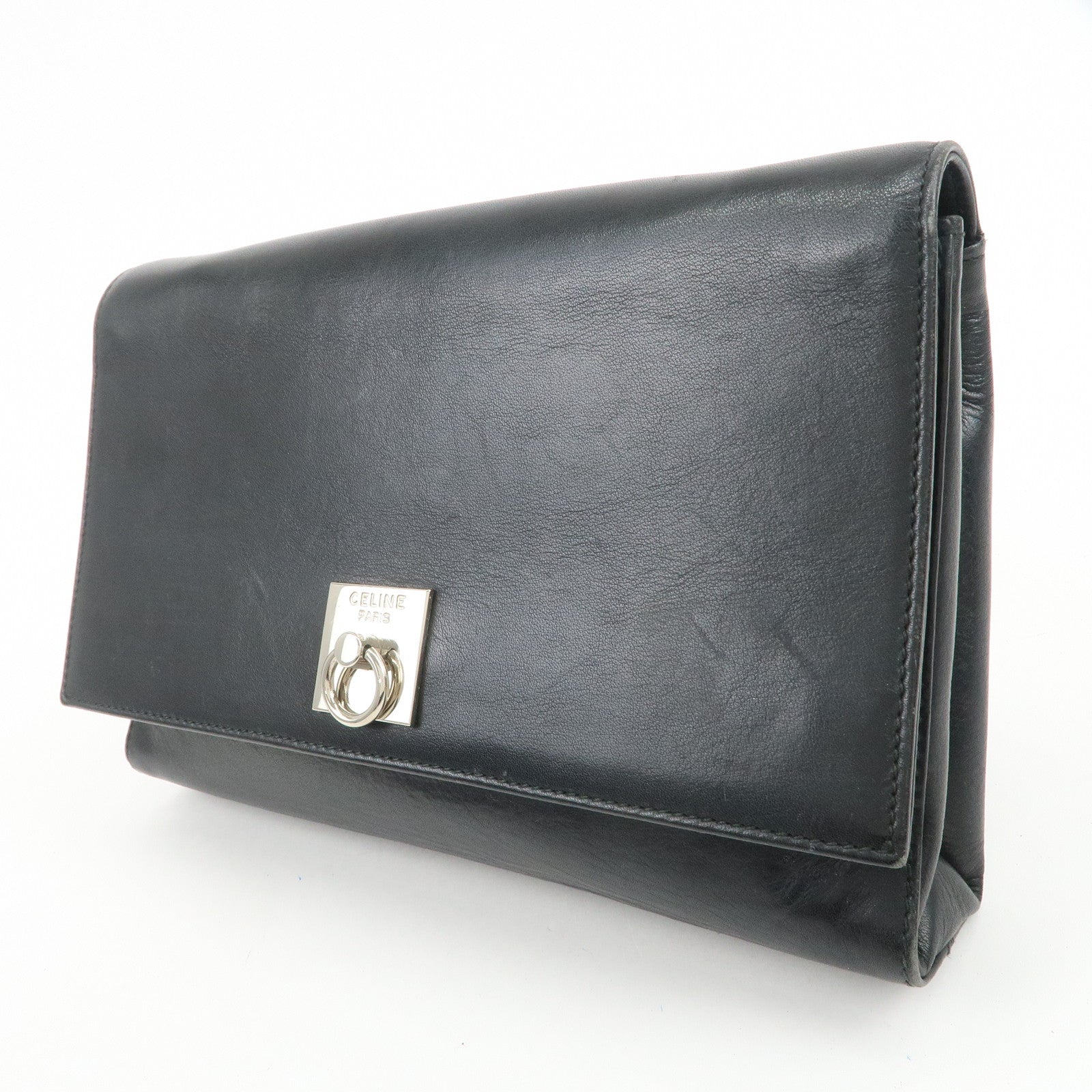 CELINE Logo Leather 2Way Bag Shoulder Bag Clutch Bag Black