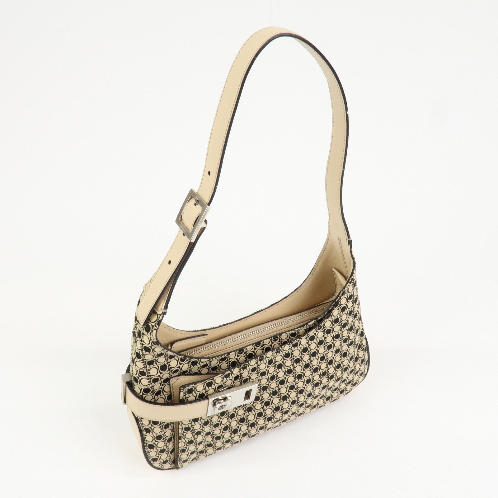 Ferragamo Gancini Canvas Leather Shoulder Bag Hand Bag Beige Black