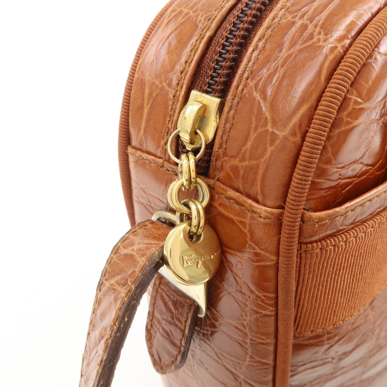 Ferragamo Vara Emboss Leather Shoulder Bag Crossbody Bag Brown