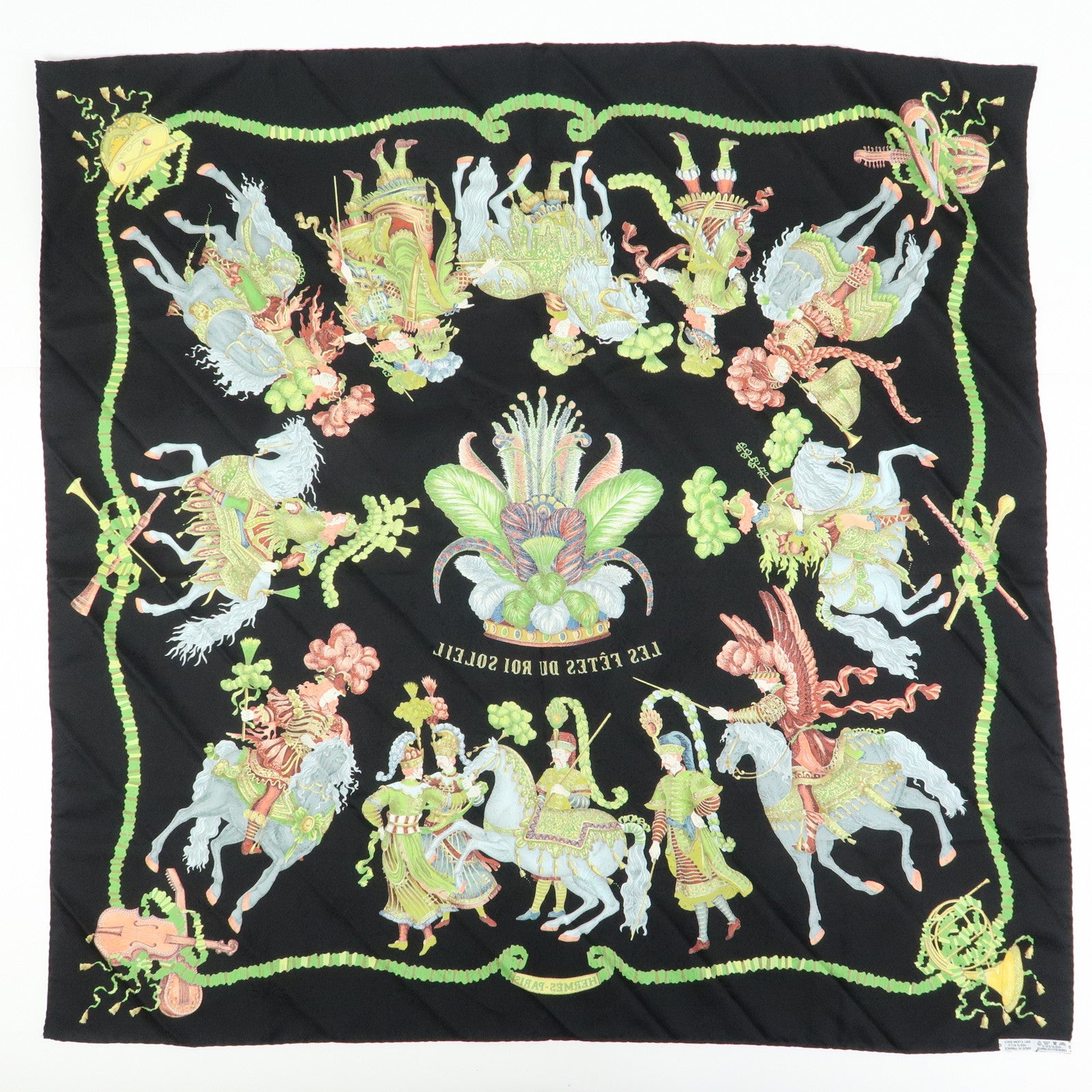 HERMES Carre 90 Silk 100% Scarf LES FETES DU ROI SOLEIL Black