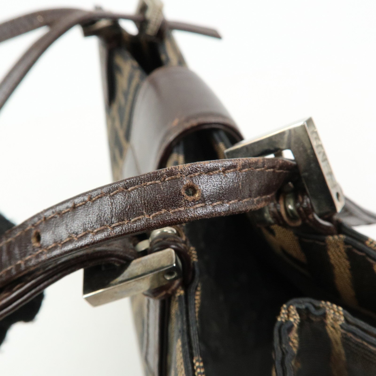 FENDI Zucca Canvas Leather Handbag Shoulder Bag Brown Black