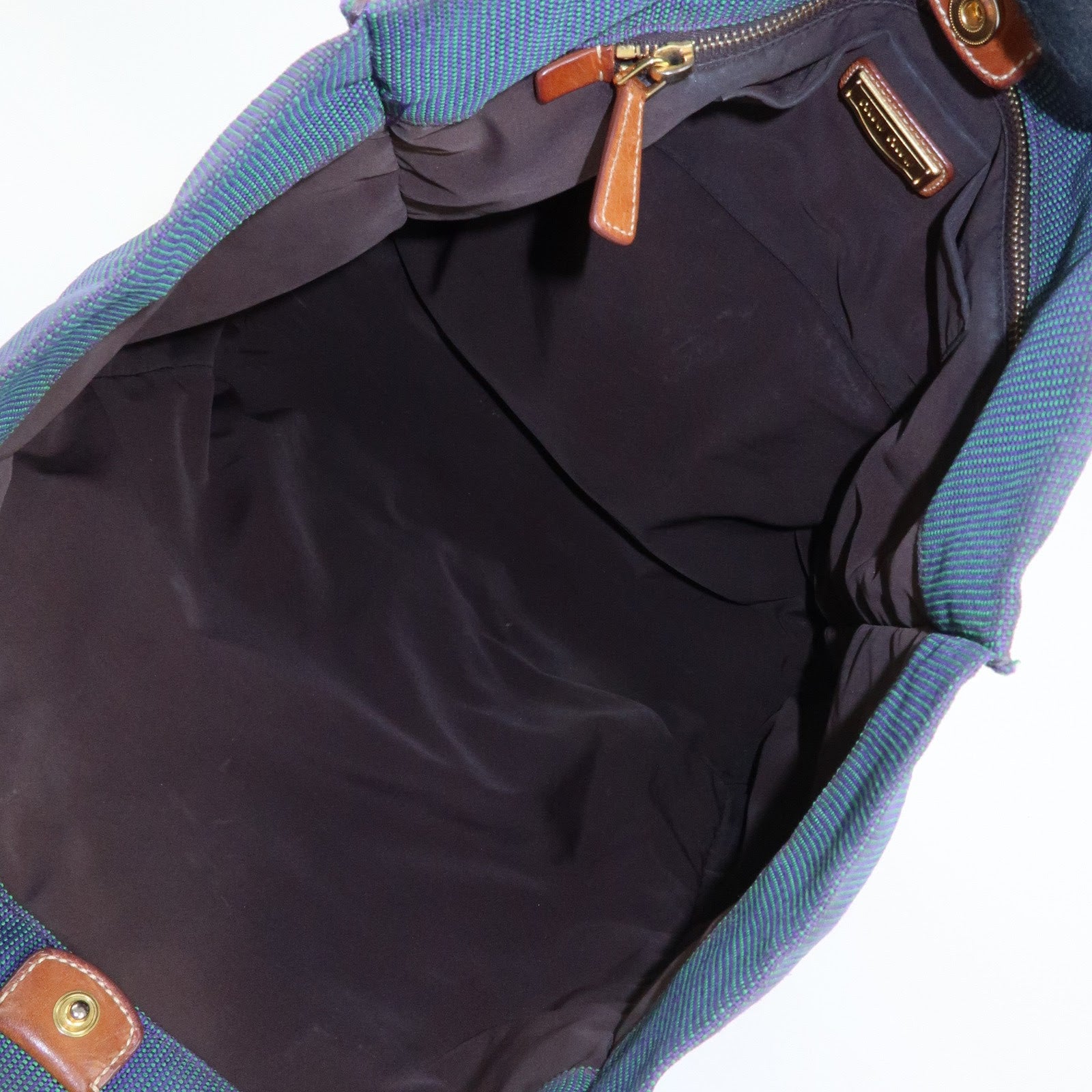 MIU MIU Logo Canvas Leather Tote Bag Shoulder Bag Blue Brown