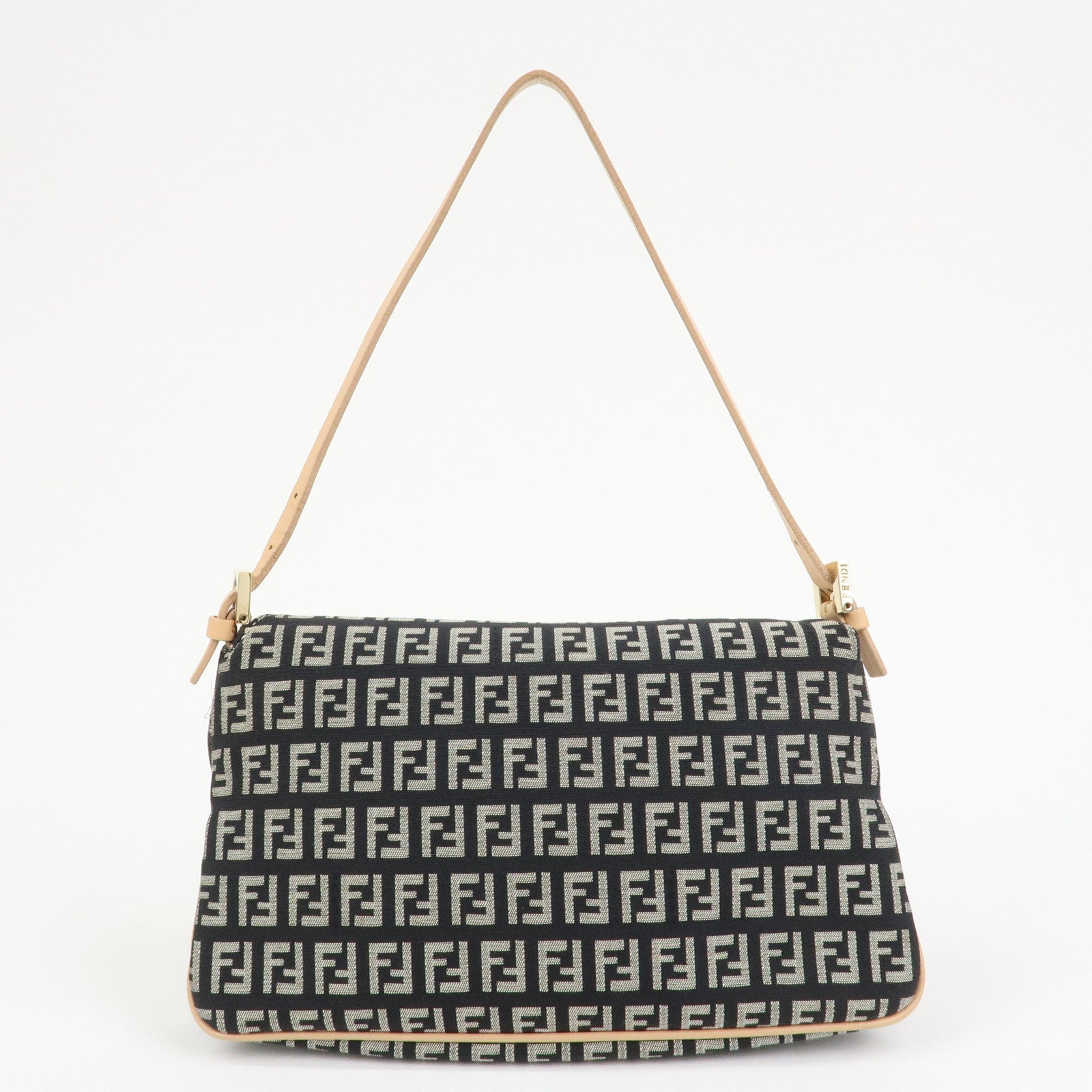 FENDI Zucchino Canvas Leather Shoulder Bag Black Natural 8BR009
