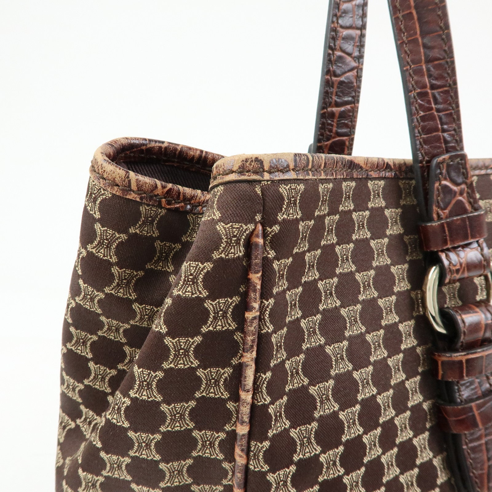 CELINE Macadam Embsossed Leather Canvas Tote Bag Hand Bag Brown