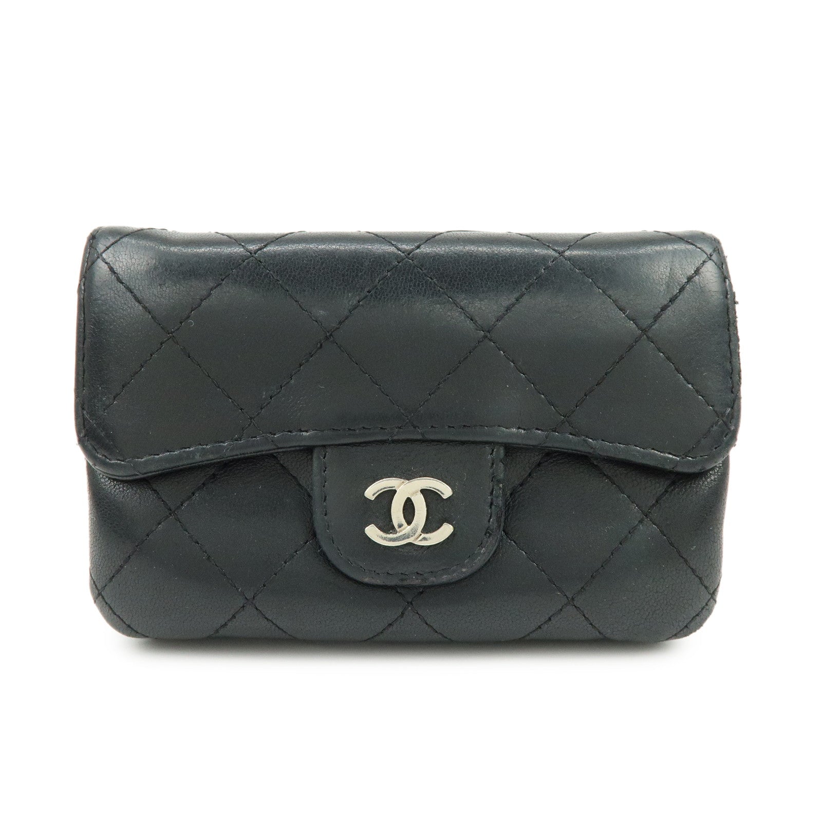 CHANEL Matelasse Lamb Skin Card Case Coin Case Black AP0214