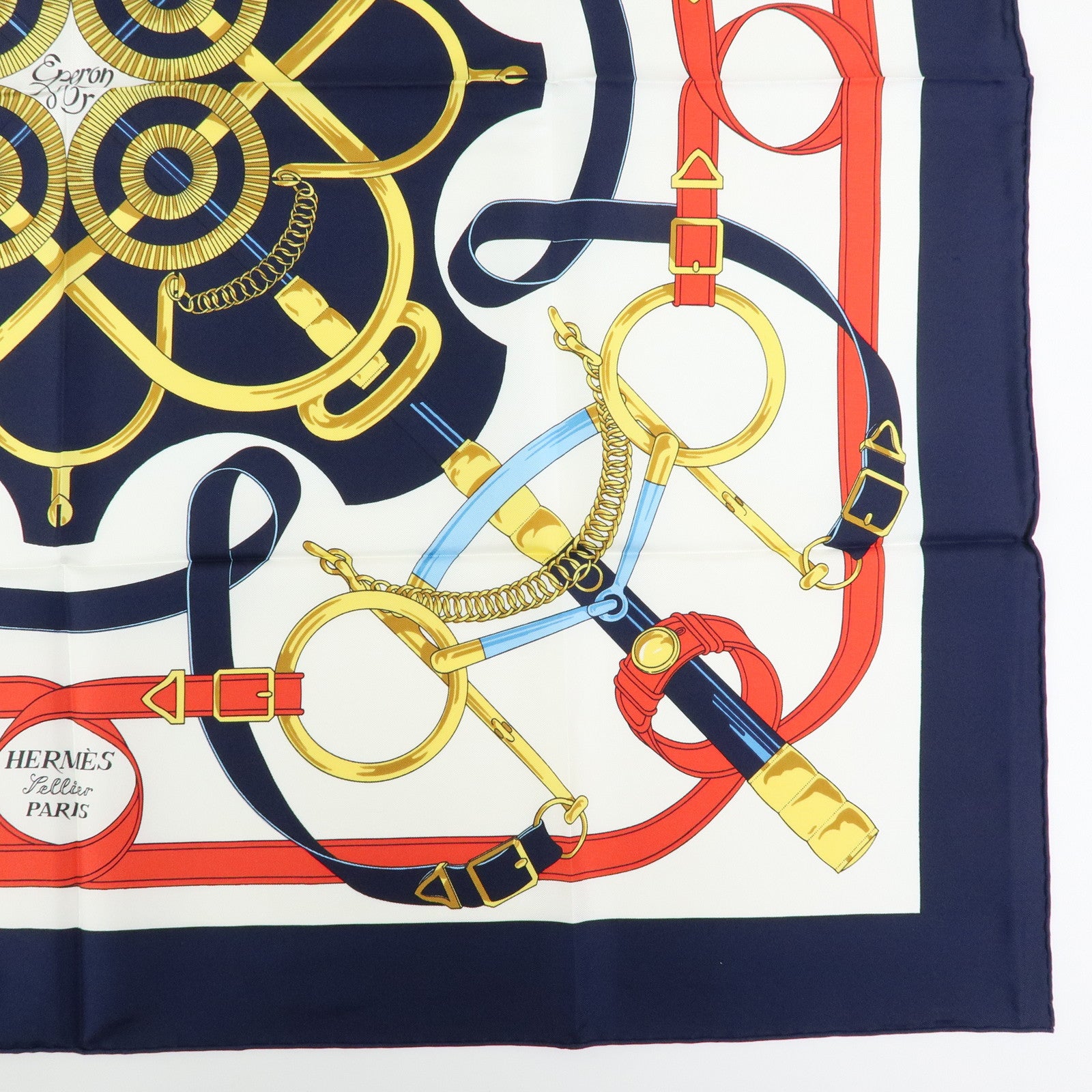 HERMES Carre 90 Silk 100% Scarf Eperon d'or White Navy Red Yellow